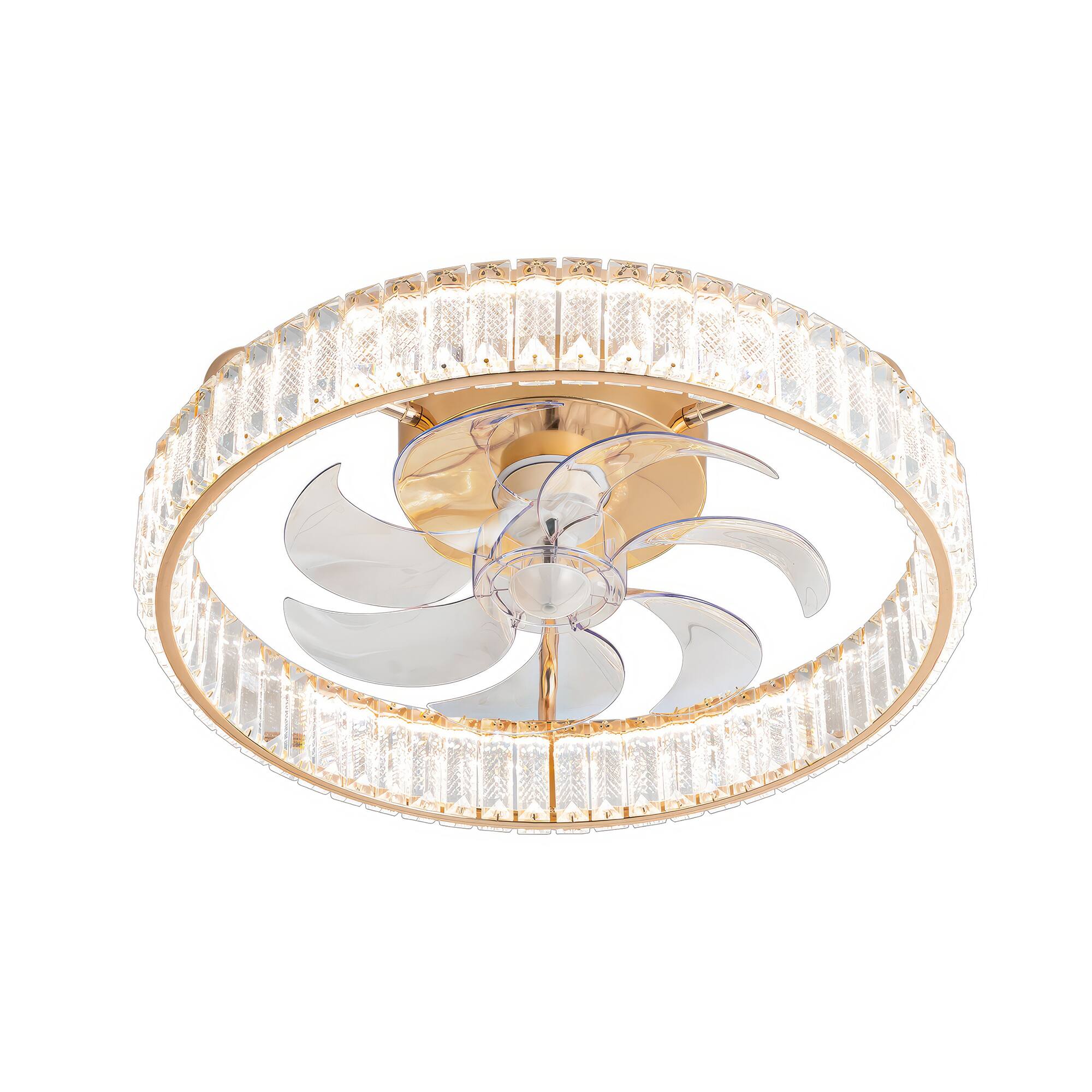 Alt View 7. Breezary - 20-Inch Modern Flush Mount Crystal Cage Fan with LED Light, Remote, 7 Transparent Blades, 6-Speed DC Motor - Golden.