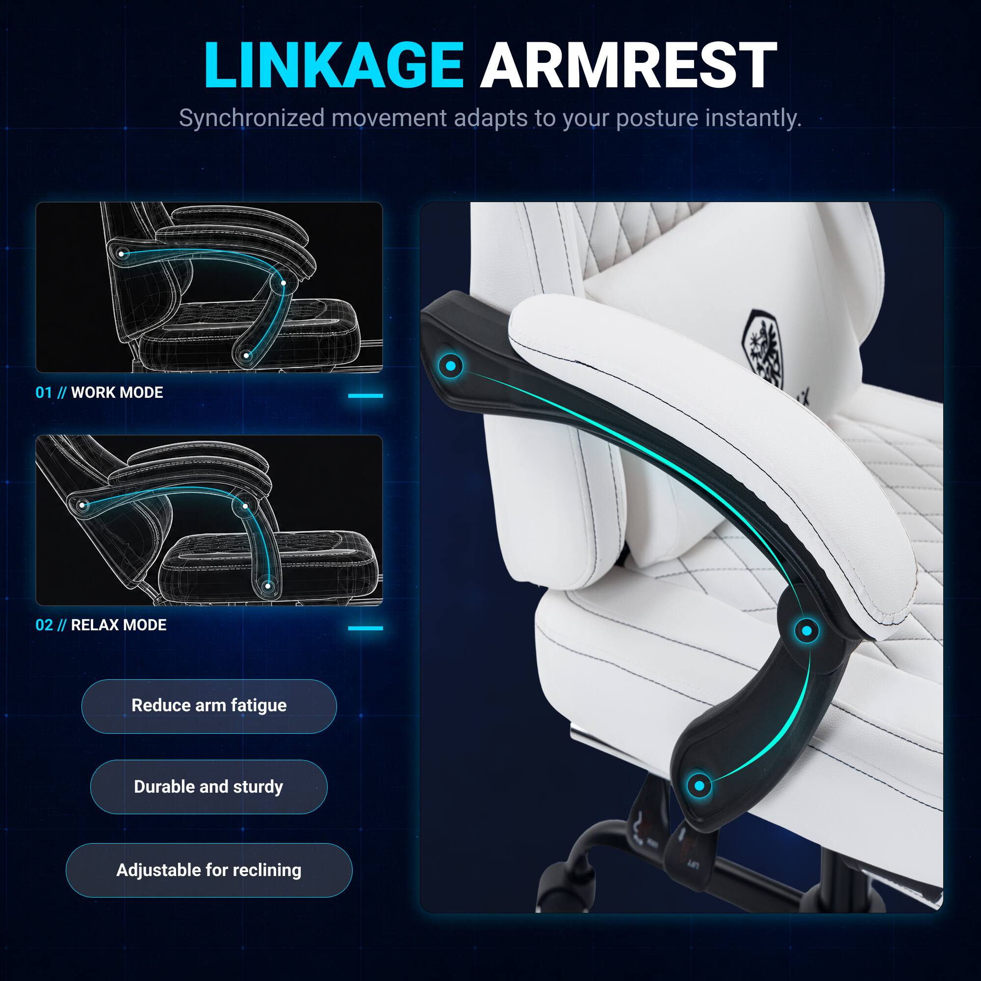 LINKAGE ARMREST  
Synchronized movement adapts to your posture instantly.  

01 / WORK MODE  
02 / RELAX MODE  

Reduce arm fatigue  
Durable and sturdy  
Adjustable for reclining
