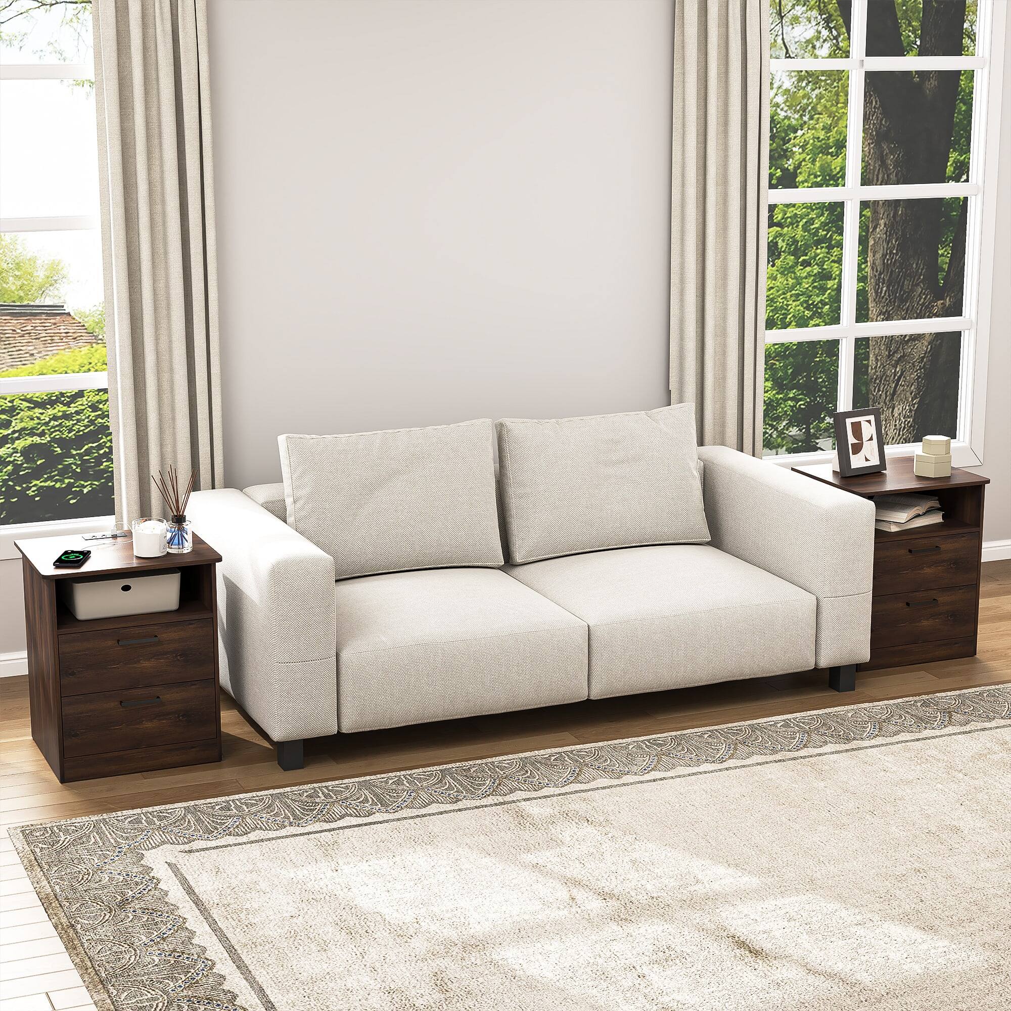 Back. Kadyn - Wood Nightstand With Charging Station, Bedside Table With 2 Drawers, Bedroom Nightstand - Brown.