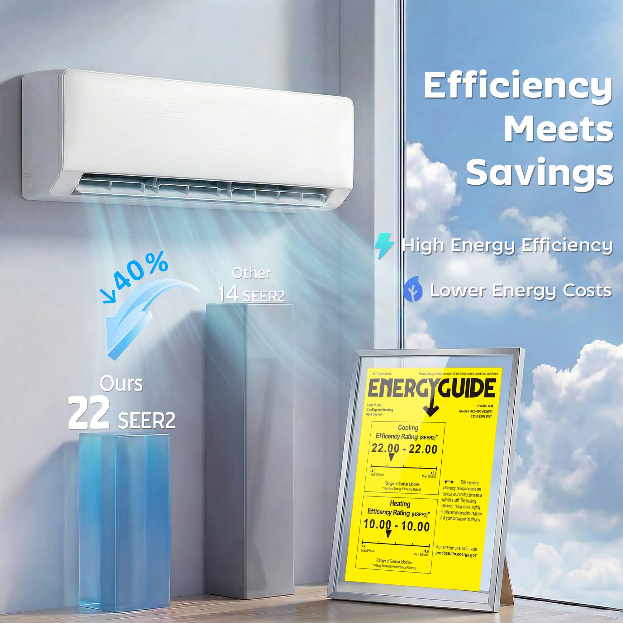 40% Other 14 SEER2 Efficiency Meets Savings High Energy Efficiency Lower Energy Costs Ours 22 SEER2 +.  
- - - | - - - - - ENERG GUIDE - I N Cony - - - - - A - - Cooling Efficiency Rating SEERO 22.00 22.00 a  
; - faman - Aoos t soe Rom - Tn -a oao sp Non - Neu - D noa an t de hadyy Heating A m v c Efficiency Rating PF2 nrpaph Trec M - a de 200 10.00 10.00  
far - - - -ma vot - - productiota marge a Aro . Orade Scon -- - - -