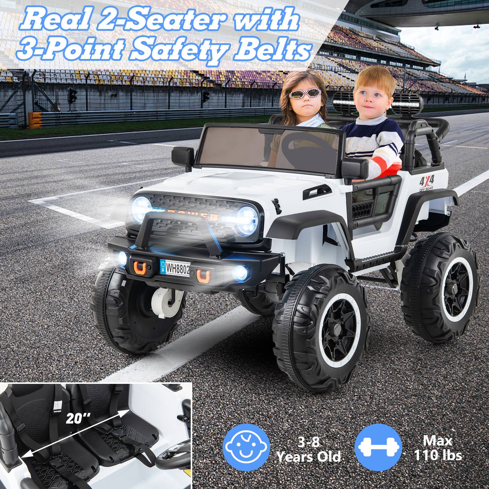 Real 2-Seater with 3-Point Safety Belts

4/4 55 L00 1 WH8802 U 20" 3 3-8 Years Old Max 110 lbs