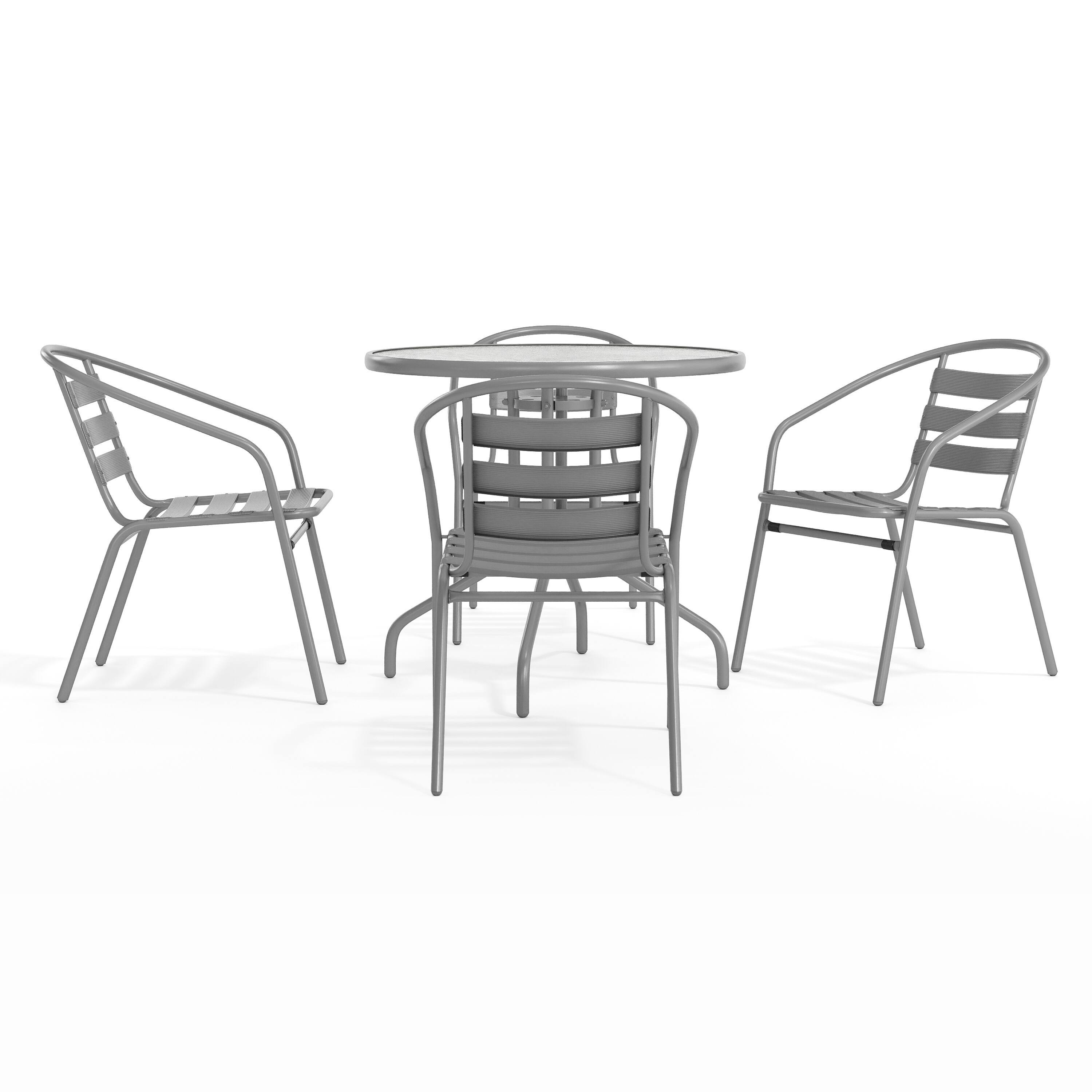 Left. Flash Furniture - Lila 31.5'' Round Glass Top Metal Table with 4 Silver Aluminum Slat Stack Chairs - Gray.