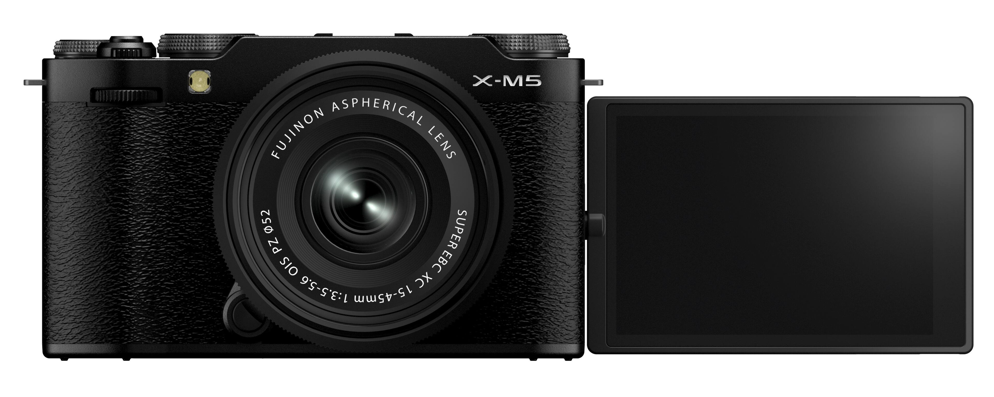 The image features a black camera with a Fujinon lens. The lens is described as an aspherical lens, which is designed to reduce distortion and provide better image quality. The lens has a focal length of 15-45mm and is equipped with a Super EBC coating, which helps to reduce glare and improve contrast. Additionally, the lens has an OIS (Optical Image Stabilization) feature, which helps to reduce camera shake and improve image stability, especially in low light conditions.