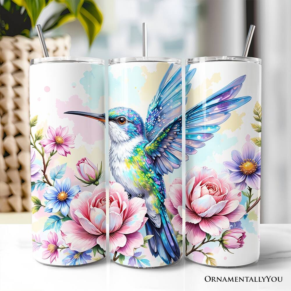 Back. OrnamentallyYou - Beautiful Floral Hummingbird 20oz Tumbler With Lid and Stainless Steel Straw - Multicolored.