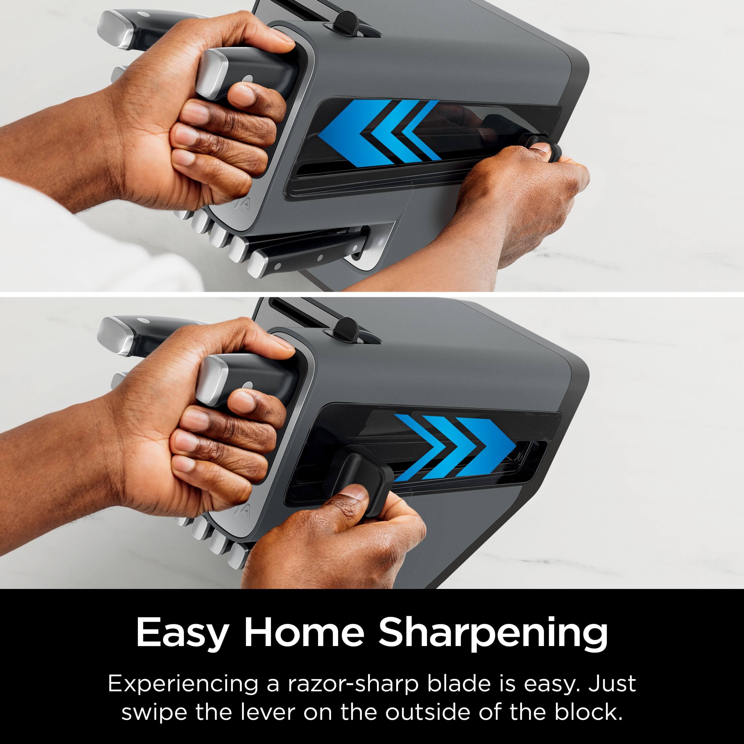 Easy Home Sharpening

Experiencing a razor-sharp blade is easy. Just swipe the lever on the outside of the block.
