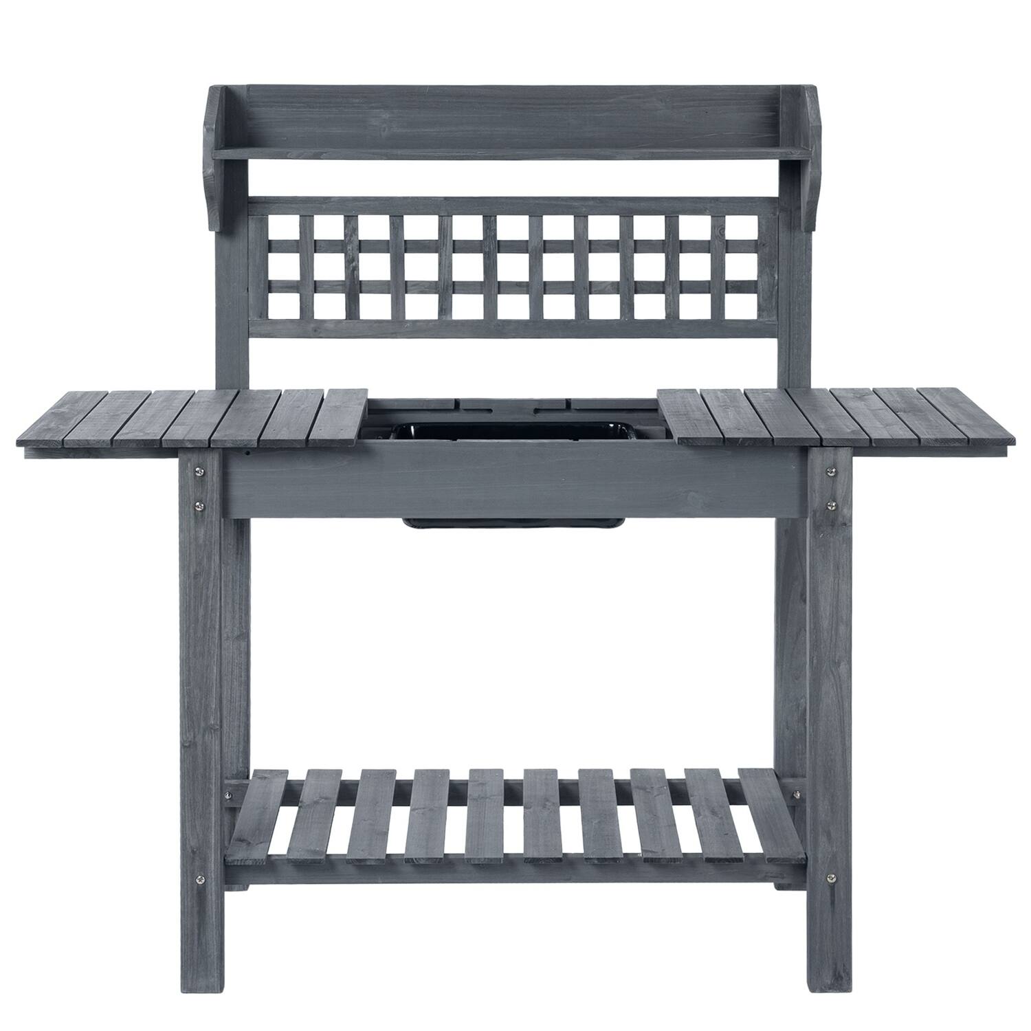 Front. SlickBlue - Grey Wood Outdoor Potting Bench with Expandable Table and Sink - Grey.