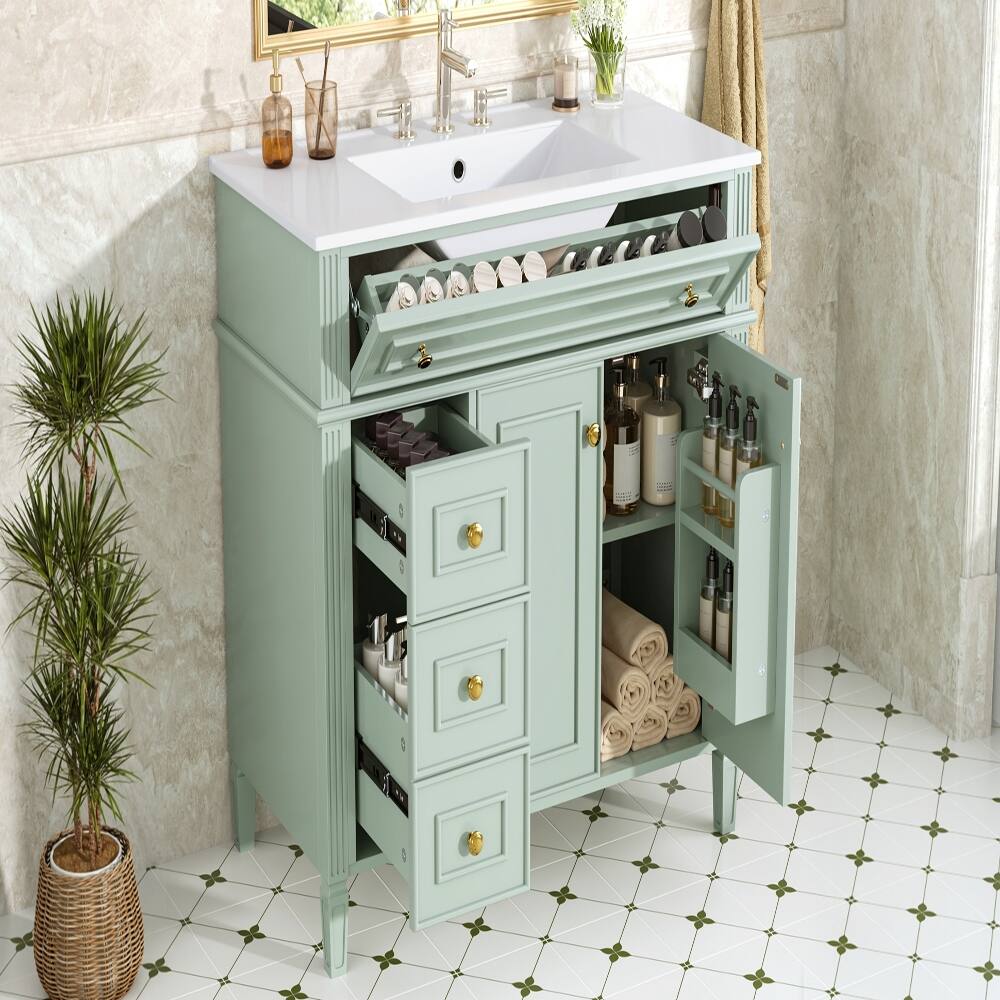 Back. Loheer - Loheer 36 Inch Bathroom Vanity with Sink, Green Solid Wood Cabinet, Flip-Out Drawer & Gold Handles - Green.