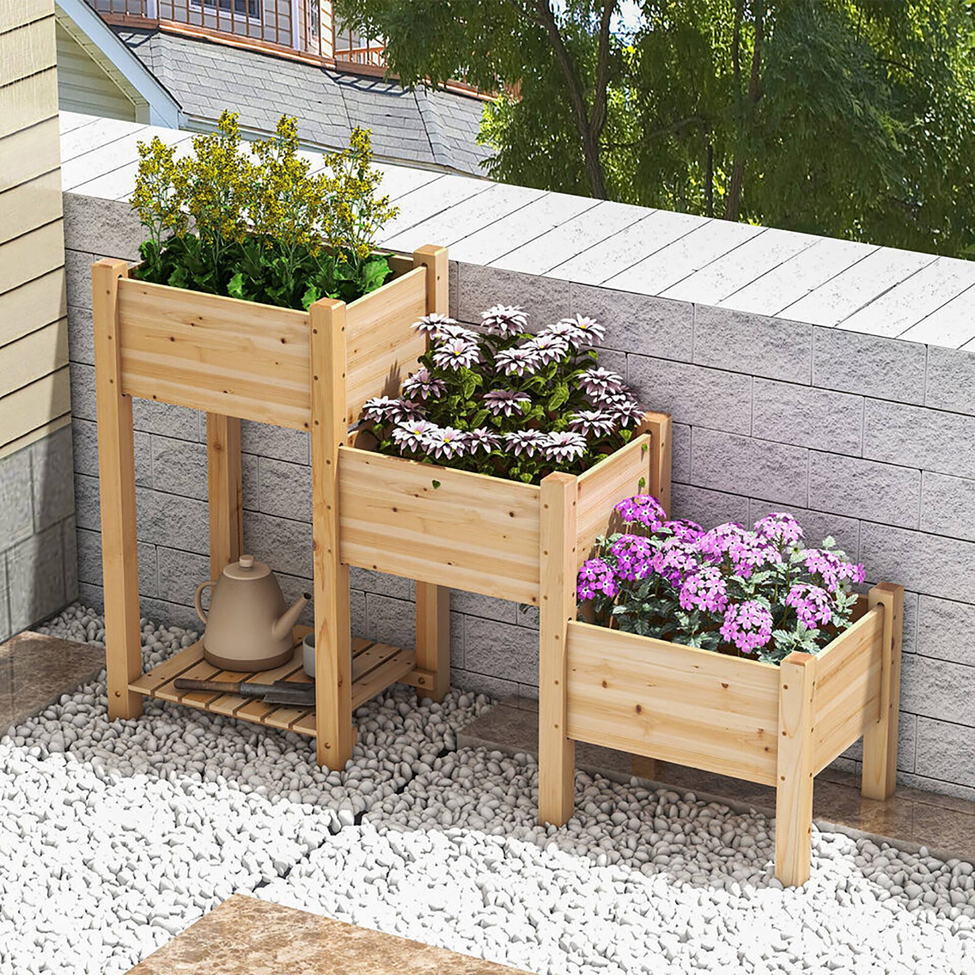Alt View 3. Gymax - Gymax 3-Tier Wooden Garden Bed Elevated Planter w/ 3 Planter Boxes, Open Storage Shelf - Natural.