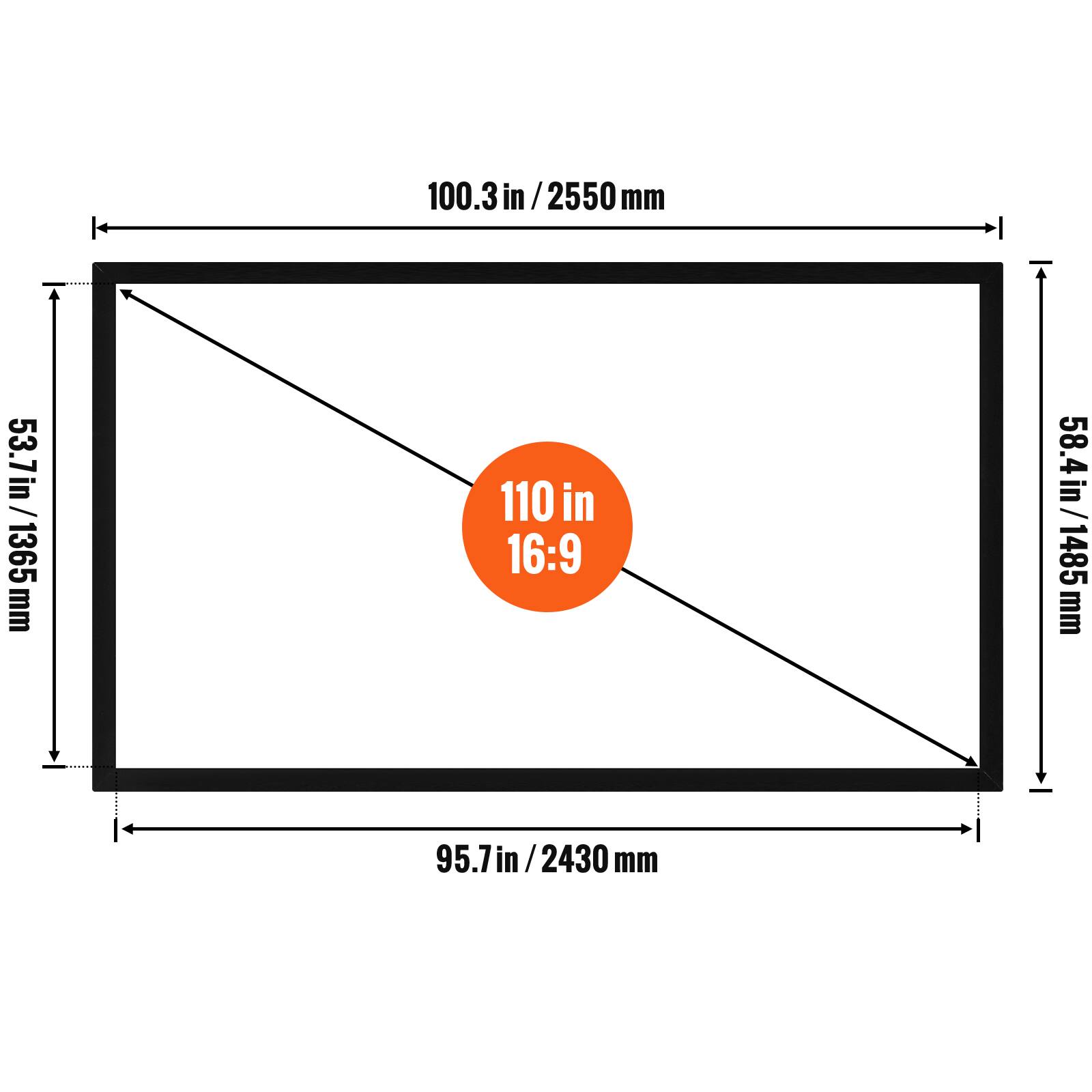 Here is the corrected and grouped text:

- 100.3 in / 2550 mm
- 53.7 in / 1365 mm
- 110 in (16:9)
- 58.4 in / 1485 mm
- 95.7 in / 2430 mm