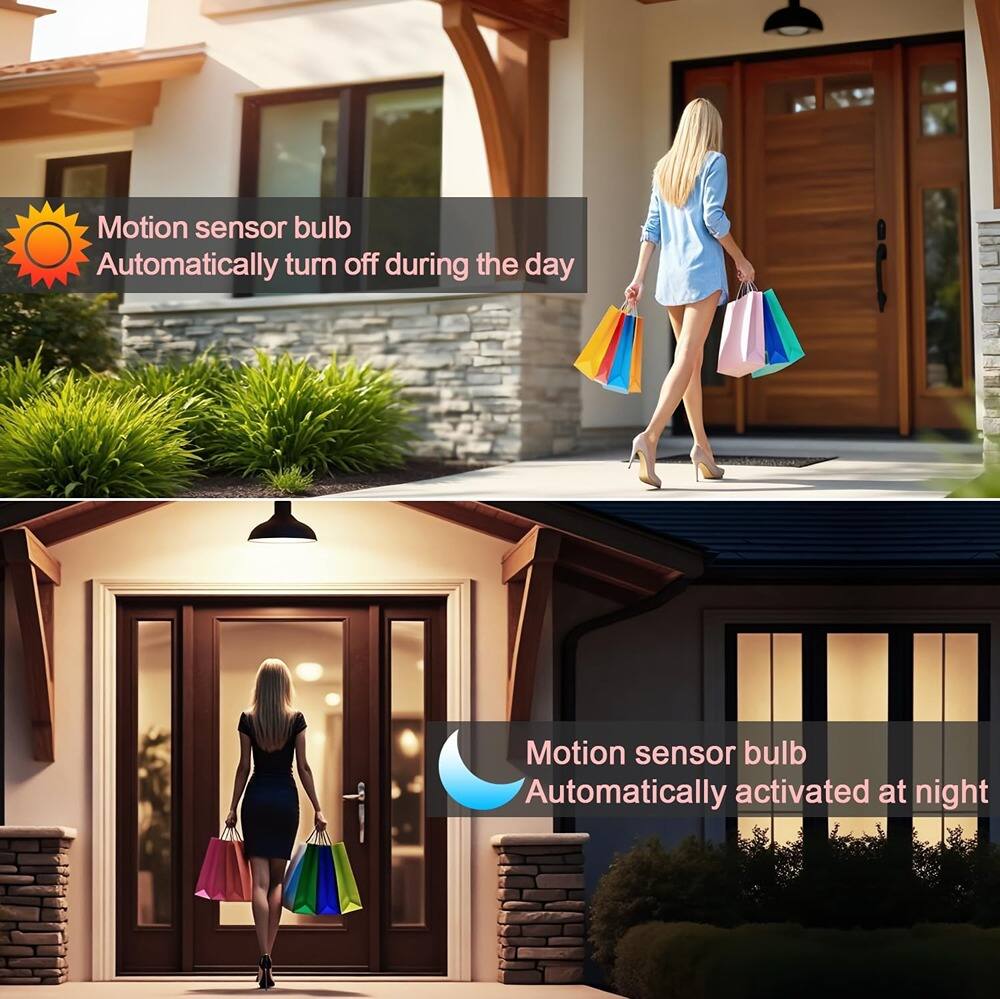 Motion sensor bulb  
Automatically turn off during the day  

Motion sensor bulb  
Automatically activated at night