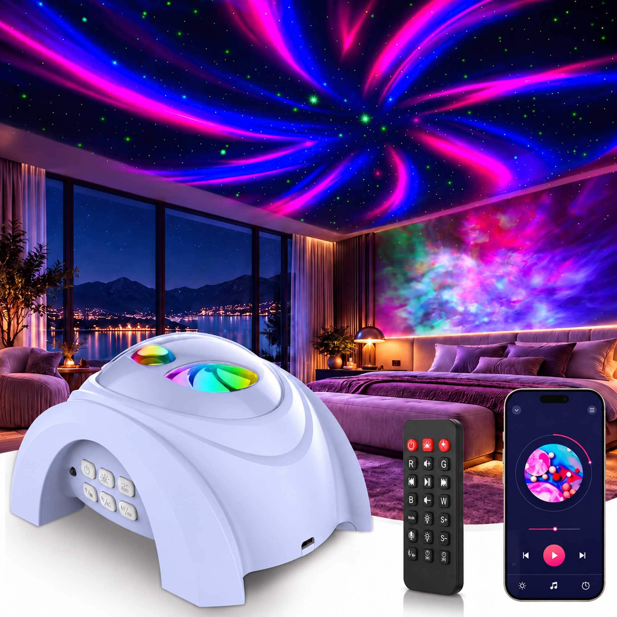 Rossetta - Dual Lens Galaxy Star Projector with Aurora Night Light, Bluetooth Speaker & White Noise Machine - Light Blue