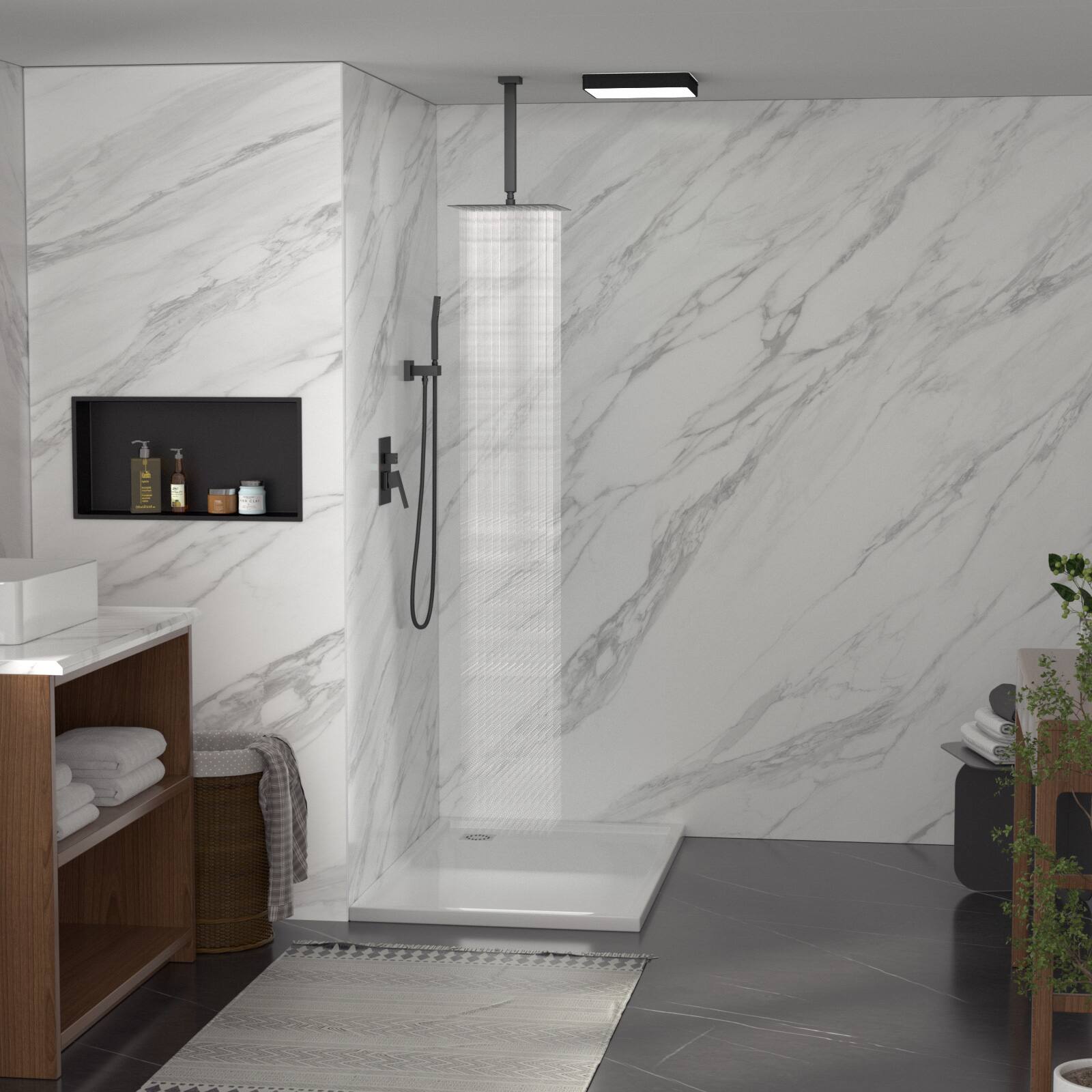 Angle. Lordear - Dual Shower Head - 10 Inch Ceiling Mount Square Shower System with Rough-in Valve,Matte black - Matte Black.