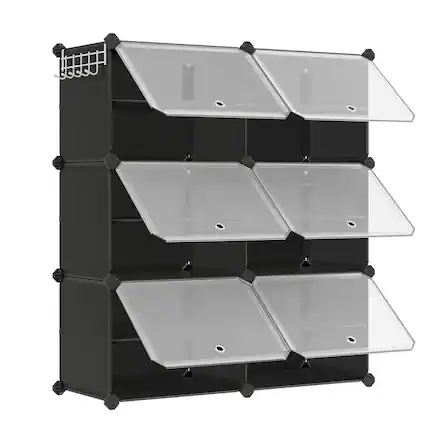 Front. Songmics Home - Shoe Rack, 6 Cubes Shoe Organizer with Doors, 24 Pair Plastic Shoe Storage Cabinet, for Bedroom, Entryway, Steel Frame - Black.