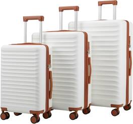 Quick Deer - 3-Piece Expandable Travel Luggage Set with Scratch-Resistant Hard Shell, TSA Lock and Spinner Wheels - White & Brown