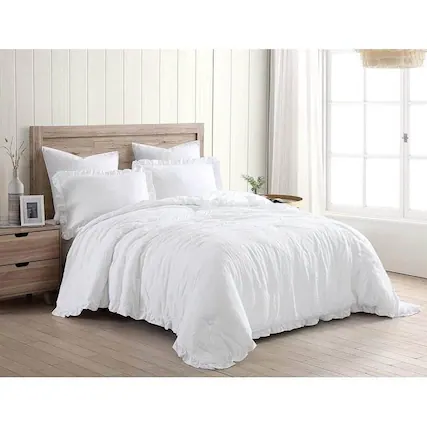 Front. Hivvago - Queen Size White Ruffled Edge Microfiber Comforter Set - White.