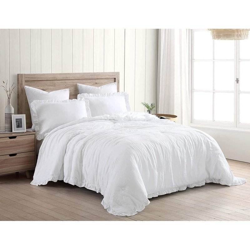 Front. Hivvago - Queen Size White Ruffled Edge Microfiber Comforter Set - White.