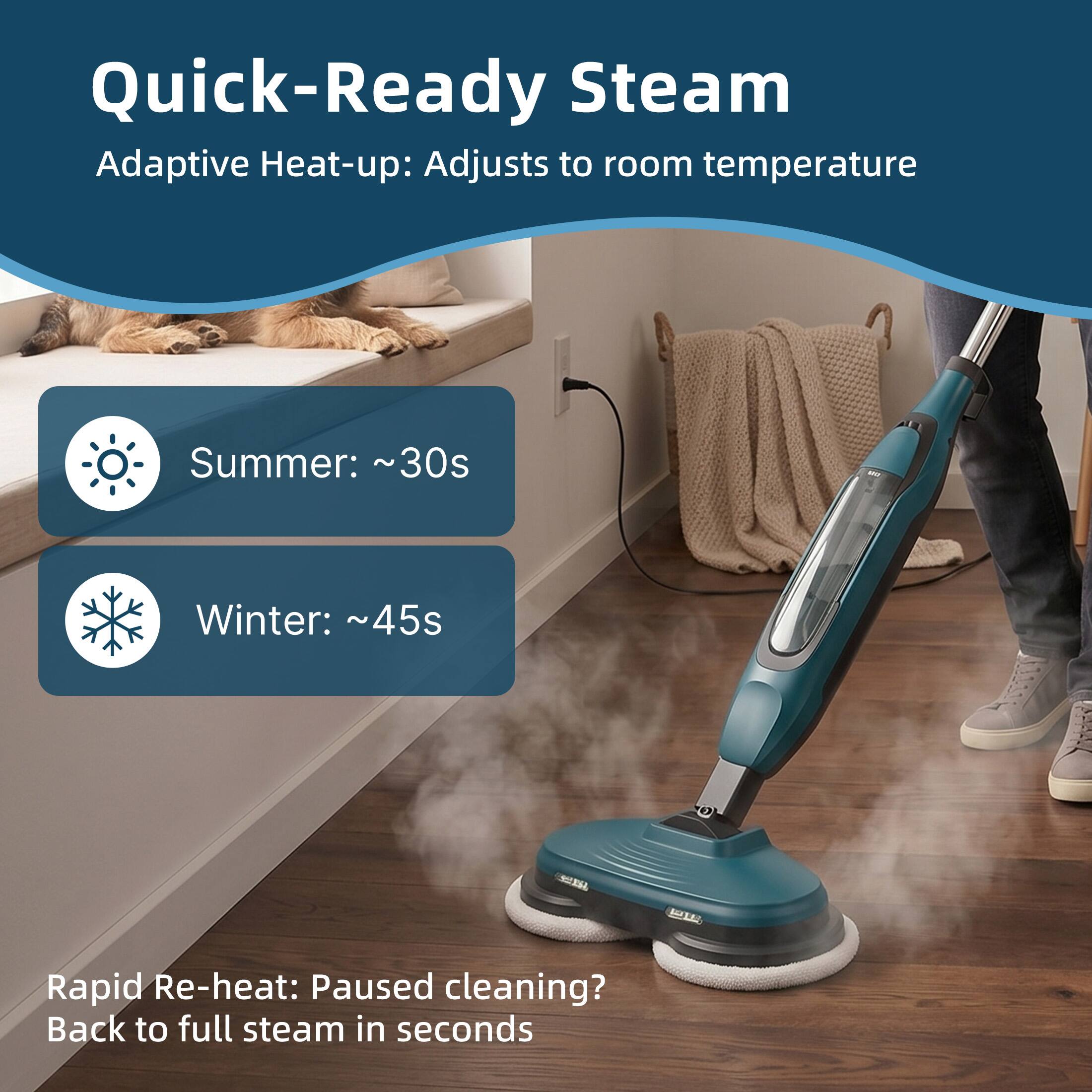 Quick-Ready Steam  
Adaptive Heat-up: Adjusts to room temperature  
Summer: ~30s  
Winter: ~45s  

Rapid Re-heat: Paused cleaning? Back to full steam in seconds