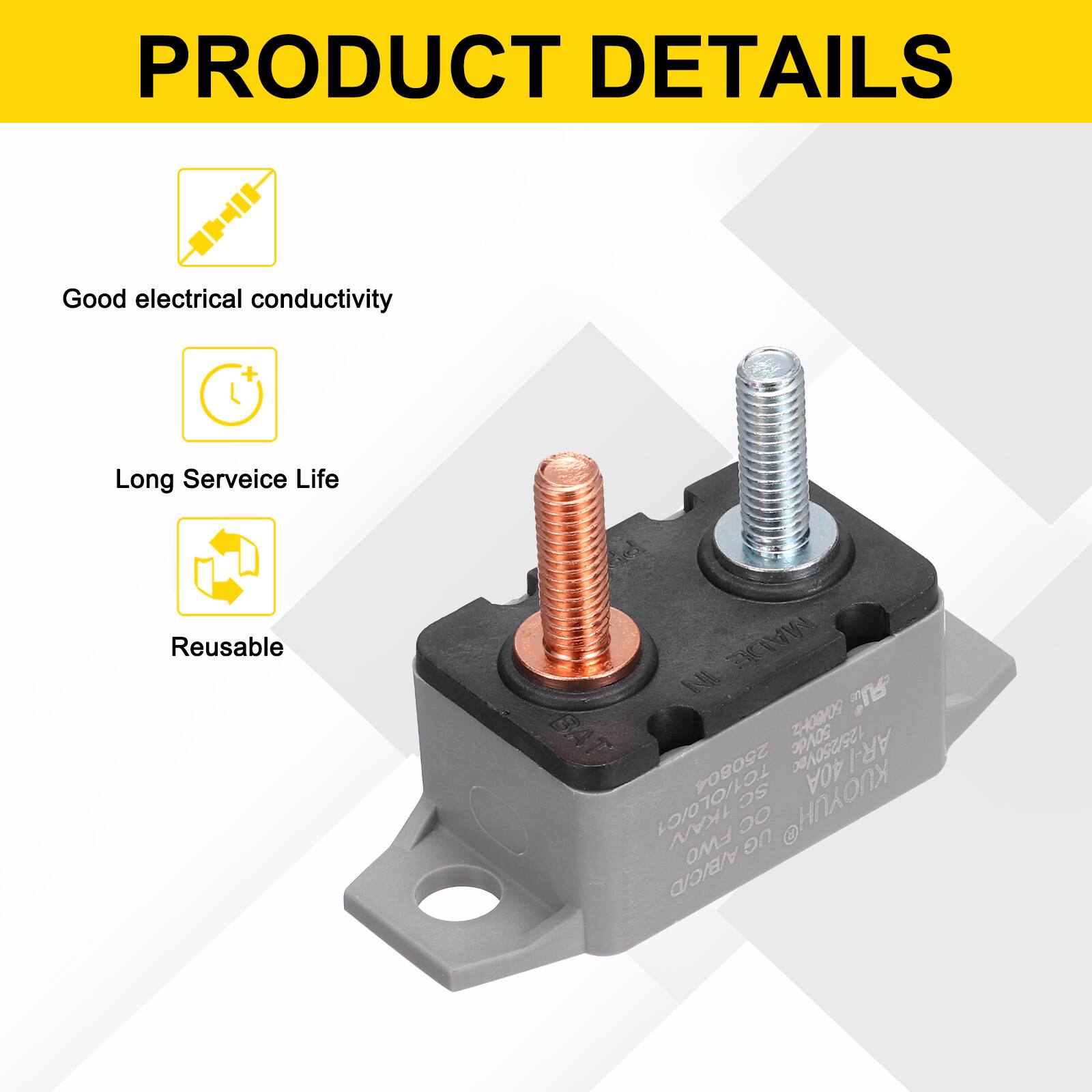 PRODUCT DETAILS

- Good electrical conductivity
- Long Service Life
- Reusable

MADE IN

TH09H09

50Vdc

250804

125/250Vac

AR-I

SC

40A

TC1/0L0/C1

1KAN

00

KUOYUH

@ FWO

UG

A/BICD