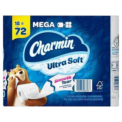 18 = 72 Charmin Ultra Soft  
Smooth Tear  
Trusted Softness  
FSC  
1 MEGA  
1 ROLL PACKS  
BATHROOM TISSUE  
224 SHEETS PER ROLL  
TOTAL 40.2m (38F)  
95% BIODEGRADABLE  
10.1 C