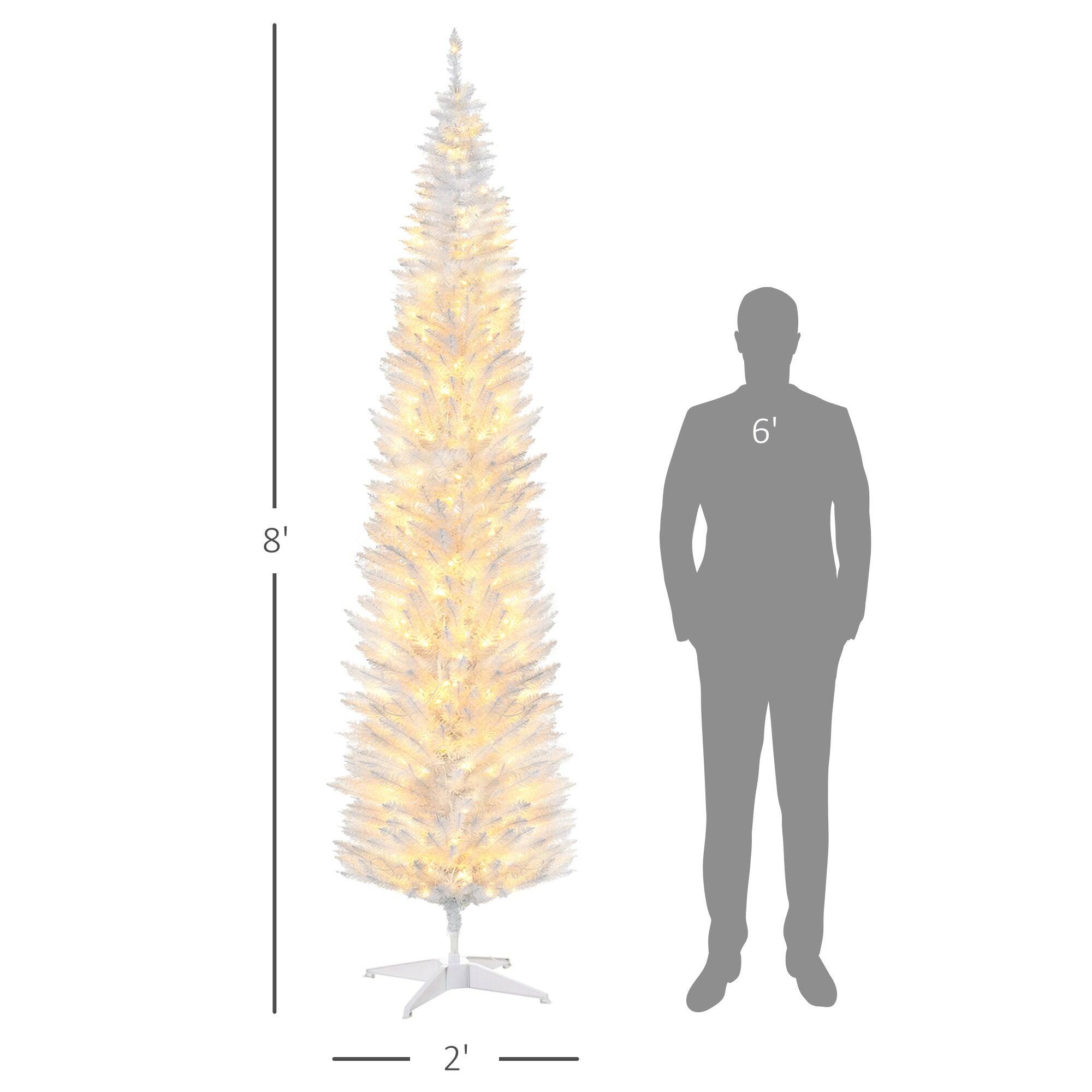 Left. BreeBe - 8 ft Tall Pre-Lit Slim Noble Fir Artificial Christmas Tree with 300 Warm White LED Lights and 618 Tips - White.