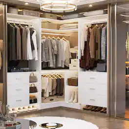Aheaplus - L Shaped Closet System with 4 Drawers, 4 Hanging Rods, and Corner Tower, 80.9'' Corner Wardrobe System, Reversible - White