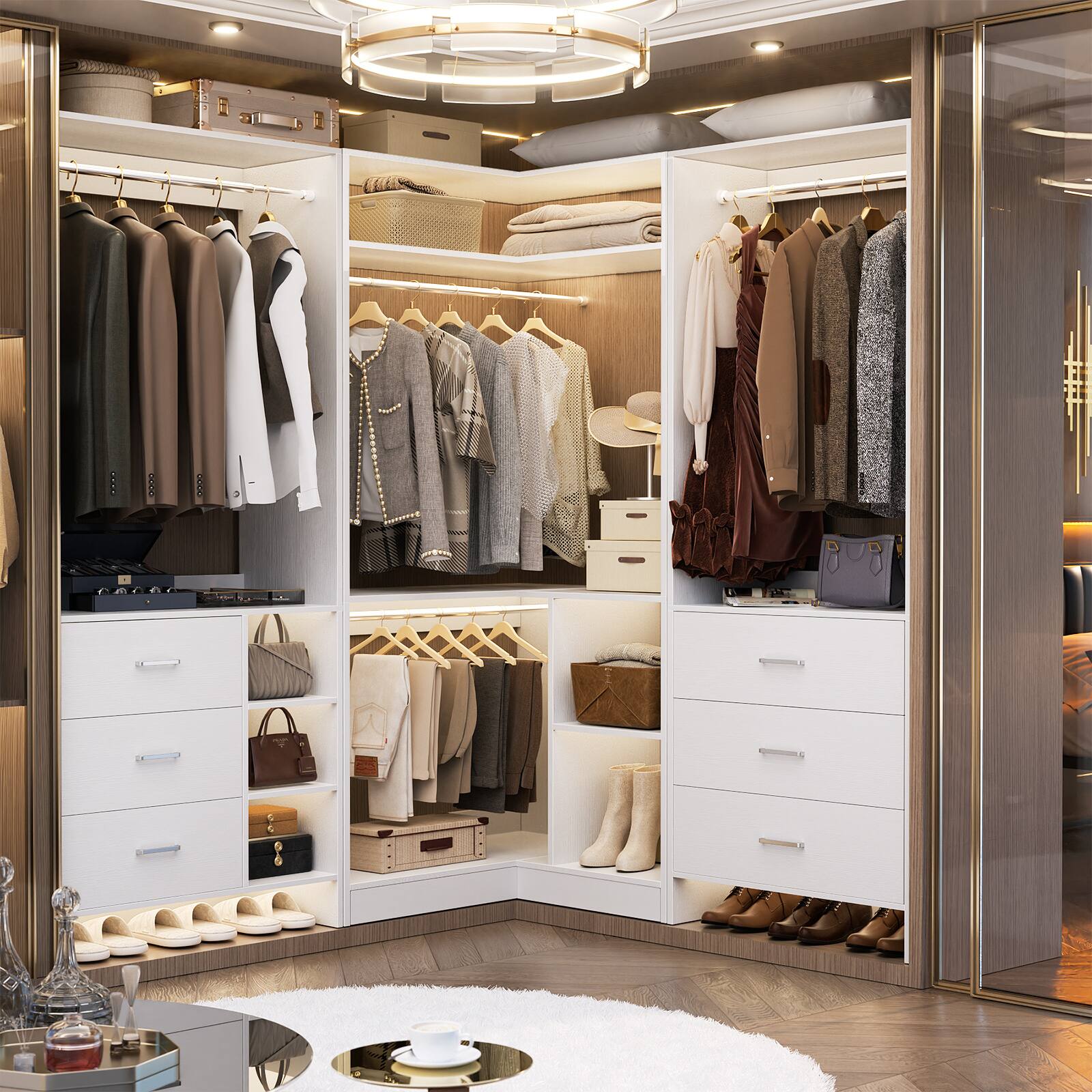 Front. Aheaplus - L Shaped Closet System with 4 Drawers, 4 Hanging Rods, and Corner Tower, 80.9'' Corner Wardrobe System, Reversible - White.