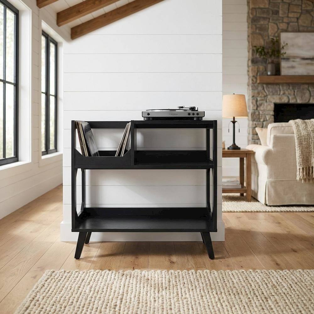 Alt View 5. FurniFact - Compact Record Player Stand with Vinyl Storage and Modern Design - Black.