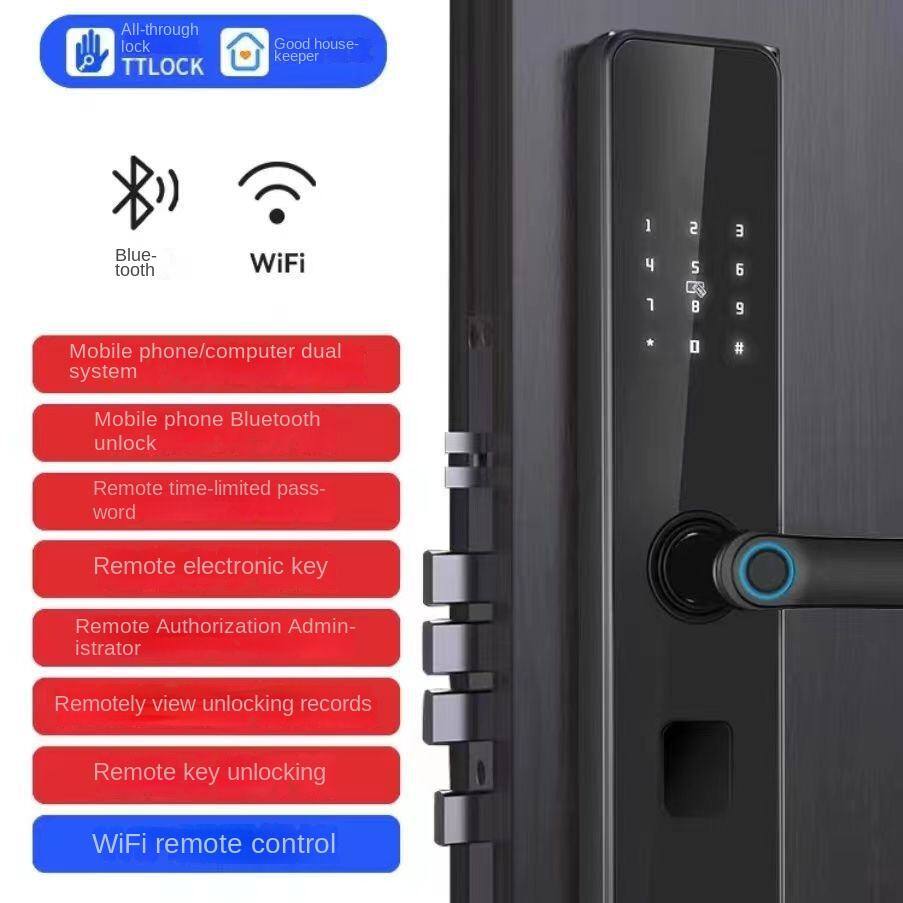 All-through lock  
TTLOCK  
Good house-keeper  

Bluetooth  
WiFi  

Mobile phone/computer dual system  
Mobile phone Bluetooth unlock  
Remote time-limited password  
Remote electronic key  
Remote Authorization Administrator  
Remotely view unlocking records  
Remote key unlocking  
WiFi remote control
