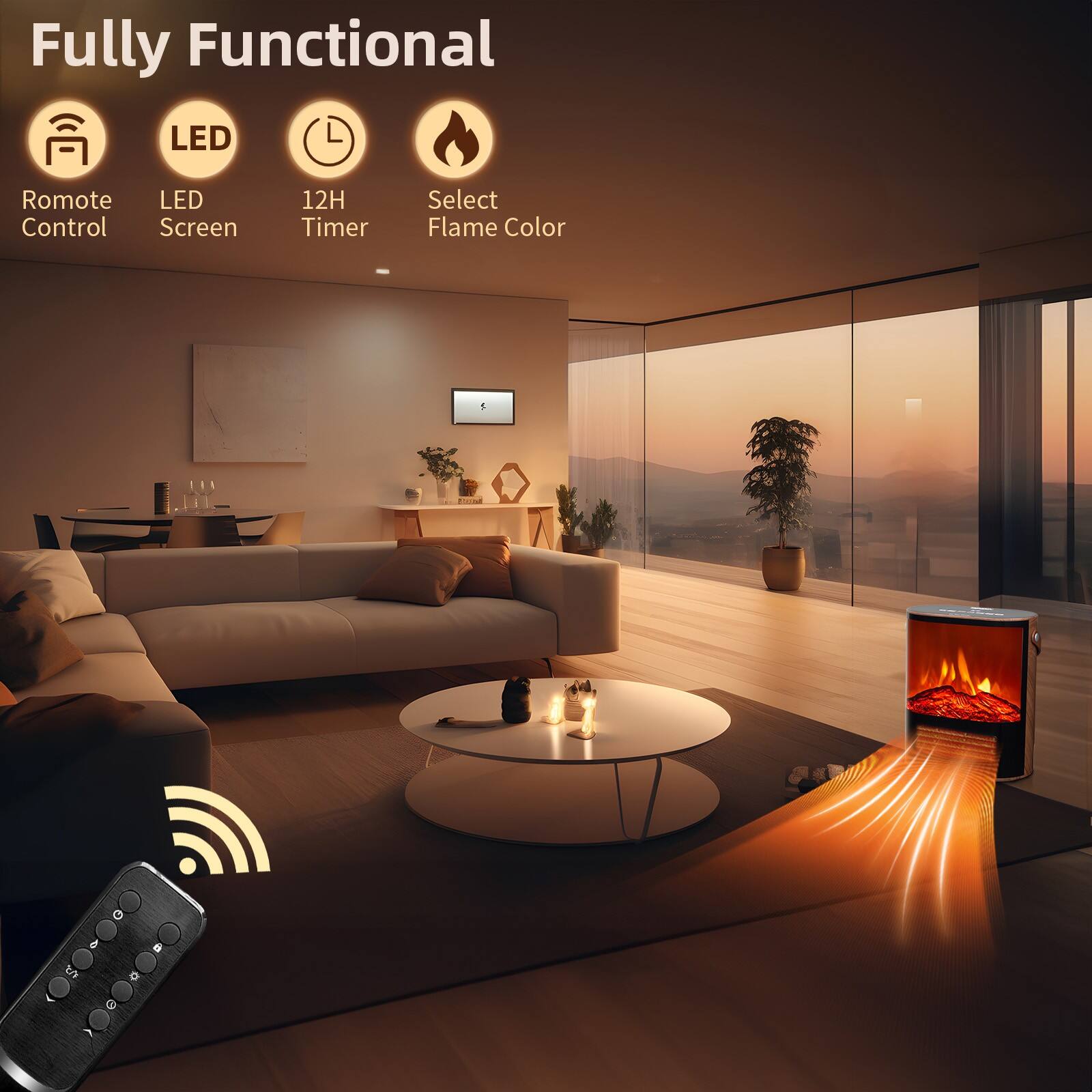 Fully Functional

- Remote Control
- LED Screen
- 12H Timer
- Select Flame Color