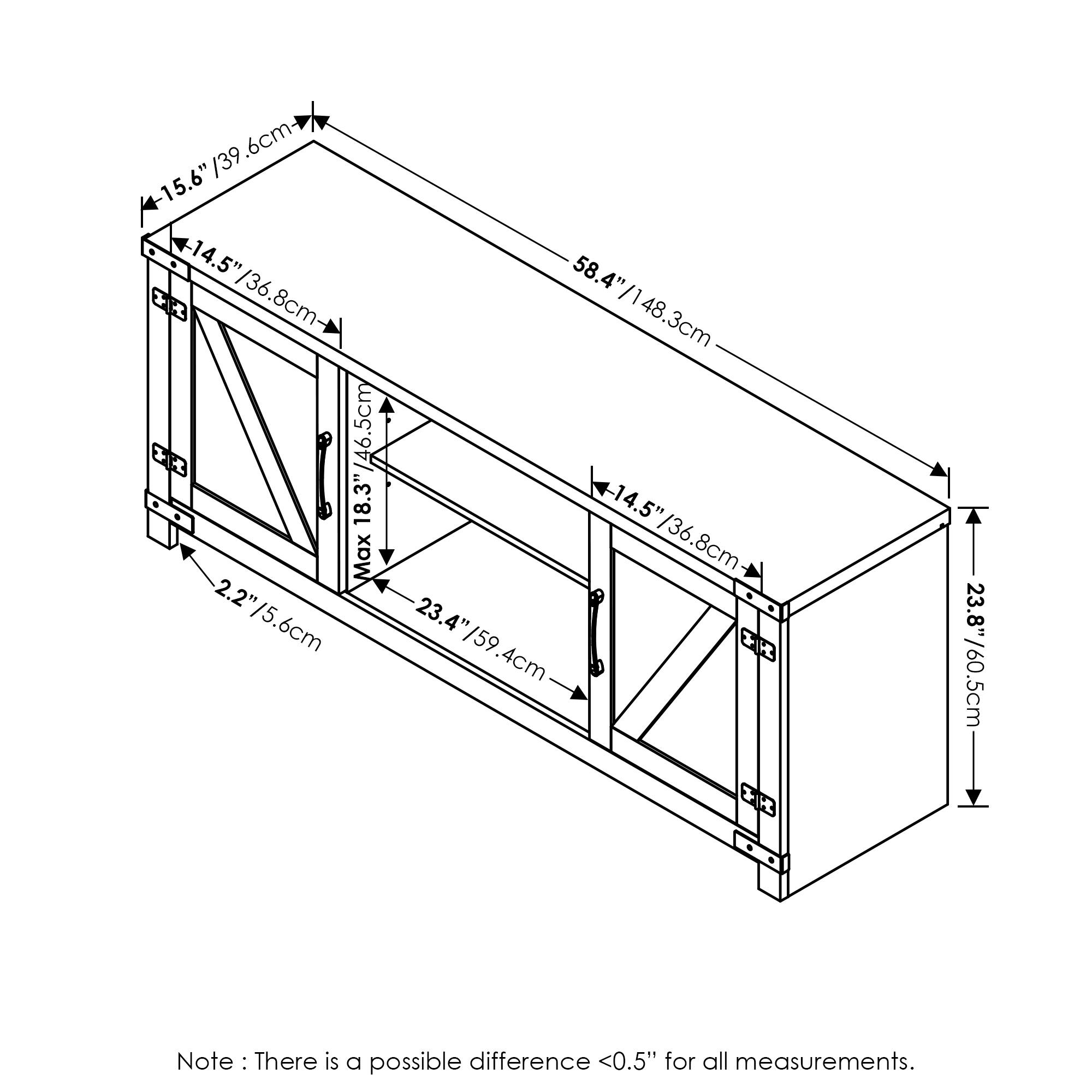 - 15.6" / 39.6cm
- 14.5" / 36.8cm
- 58.4" / 148.3cm
- 14.5" / 36.8cm
- 2.2" / 5.6cm
- 23.4" / 59.4cm
- 23.8" / 60.5cm
- 18.3" / 46.5cm
- 46.5cm
- 48.3cm
- 14.5" / 36.8cm
- 2.2" / 5.6cm
- Note: There is a possible difference <0.5" for all measurements.