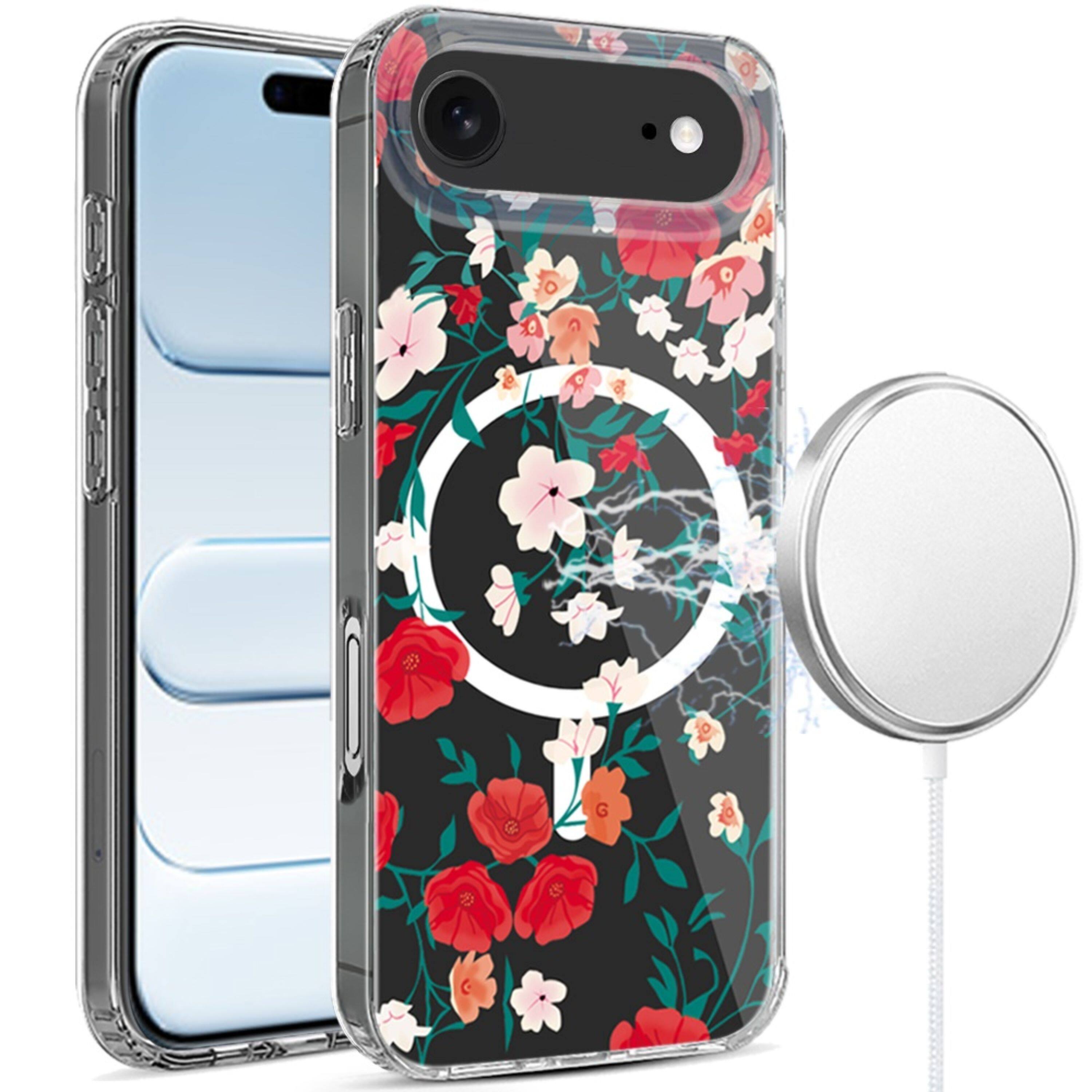 Angle. Kitcheniva - Floral Design Hybrid Phone Case With Tempered Glass For iPhone Air - Multicolor.