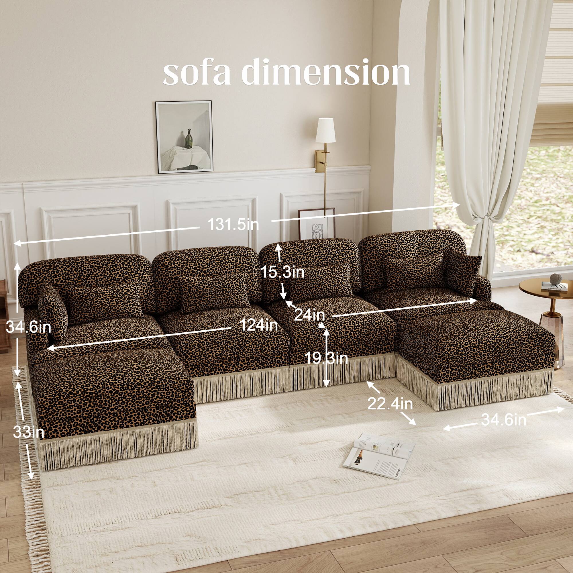 sofa dimension 131.5in x 124in x 34.6in x 24in x 19.3in x 33in x 22.4in x 15.3in