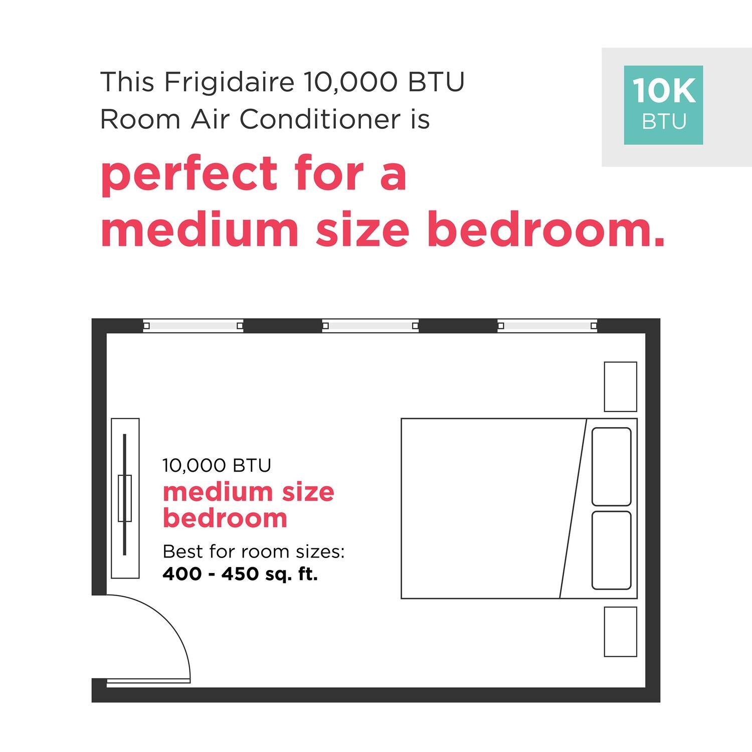 This Frigidaire 10,000 BTU Room Air Conditioner is perfect for a medium size bedroom. 

10,000 BTU medium size bedroom

Best for room sizes: 400 - 450 sq. ft.