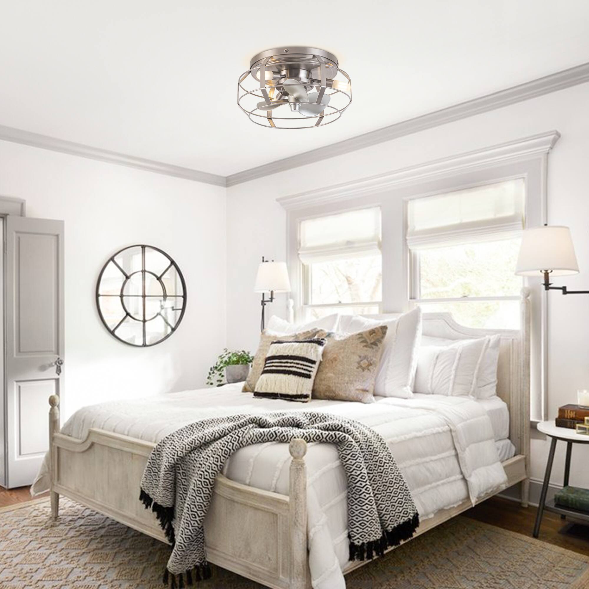 Back. Parrot Uncle - 12.2" Industrial Metal Caged Flush Mount Ceiling Fan with Light - Nickel.