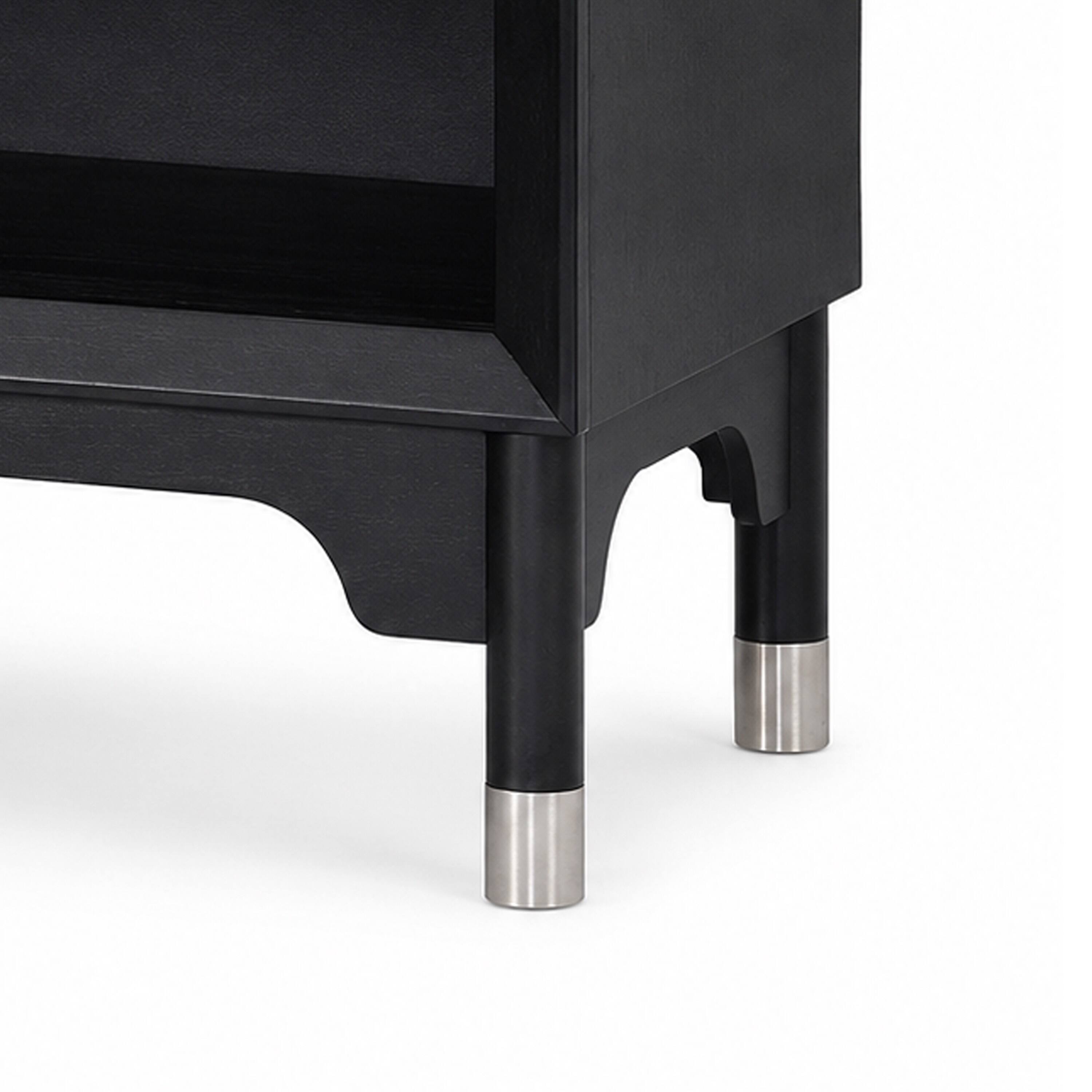 Left. Manhattan Lane - Tora Nightstand, 2 USB Ports, Drawer and Shelf, Capped Legs - Black, Silver.