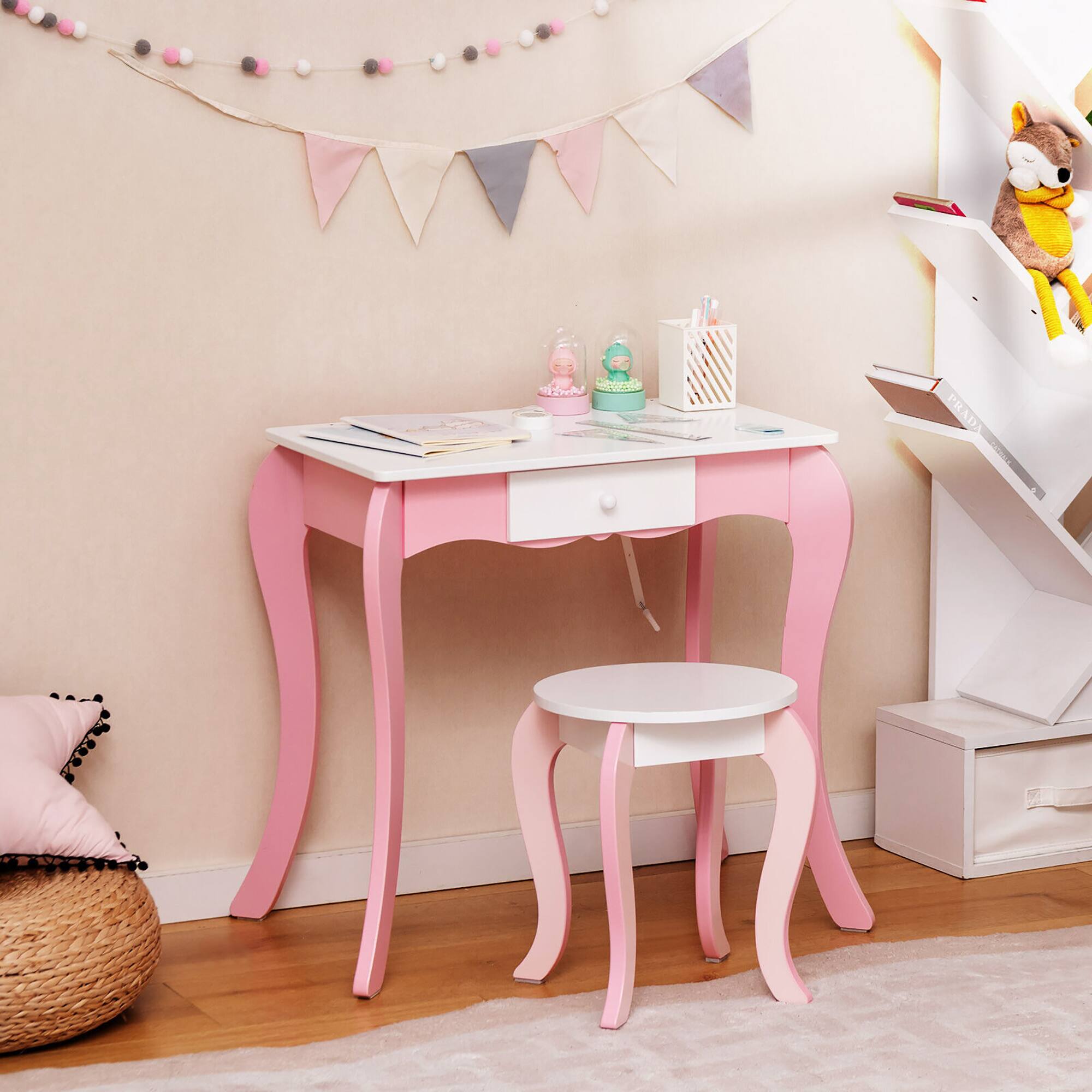 Alt View 5. Gymax - Gymax Kids Vanity Table Stool Set Pretend Play Makeup Desk with Whiteboard Markers - White, Pink.