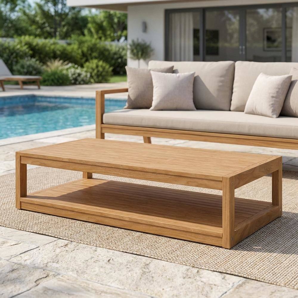 Left. Outdoor Escape - Teak Wood Outdoor Coffee Table With Sturdy Construction And Elegant Design - Brown.