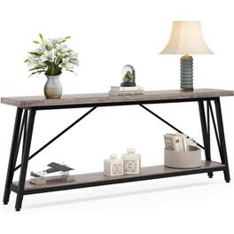 Hivvago - Heavy Duty 70-inch Industrial Grey Wood Top Sofa Table with Black Metal Frame - Light Gray & Black