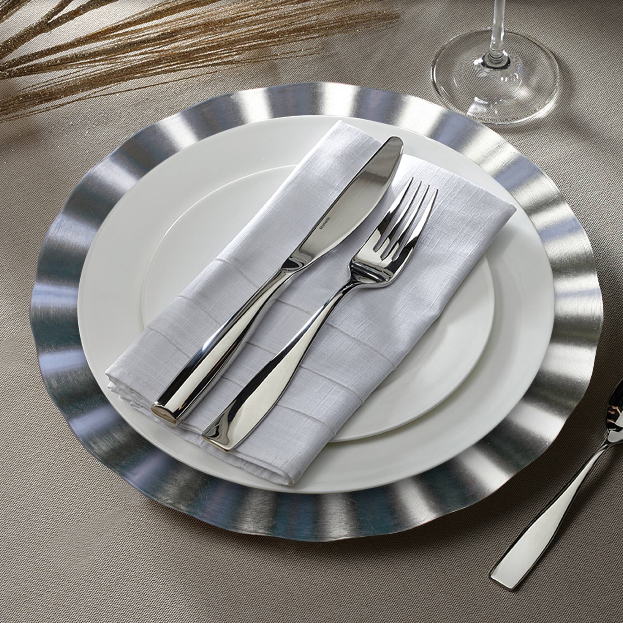Left. American Atelier - Silver Ruffled Charger Plate Set- 12 Pieces - Silver.