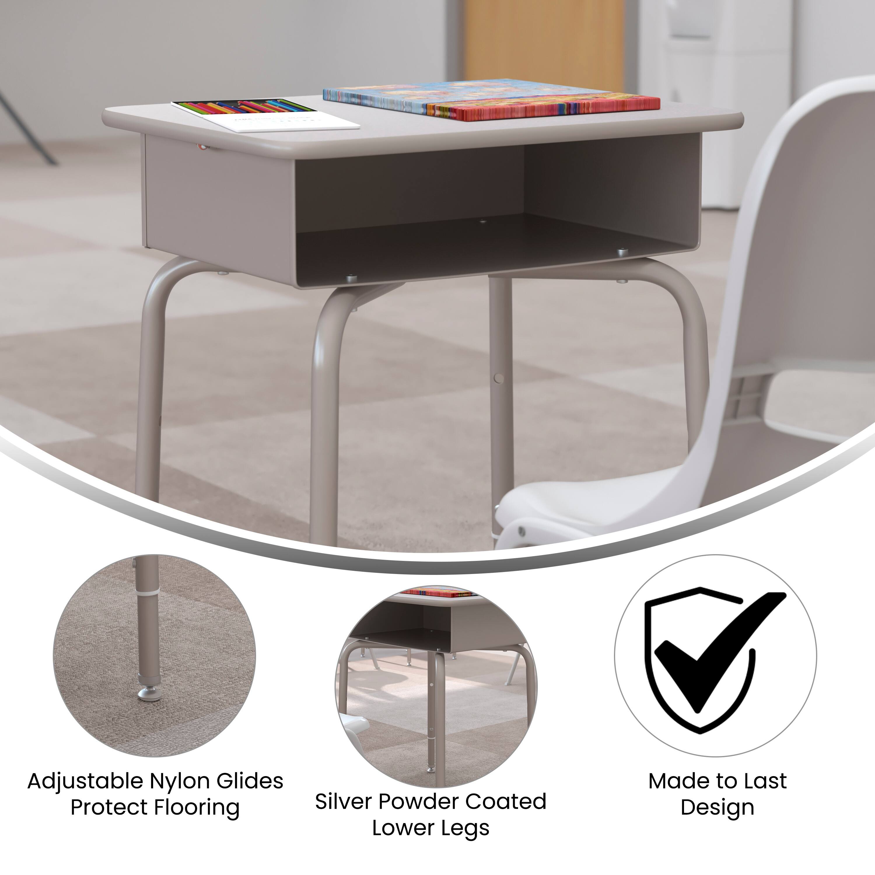 Adjustable Nylon Glides Protect Flooring  
Silver Powder Coated Lower Legs  
Made to Last Design