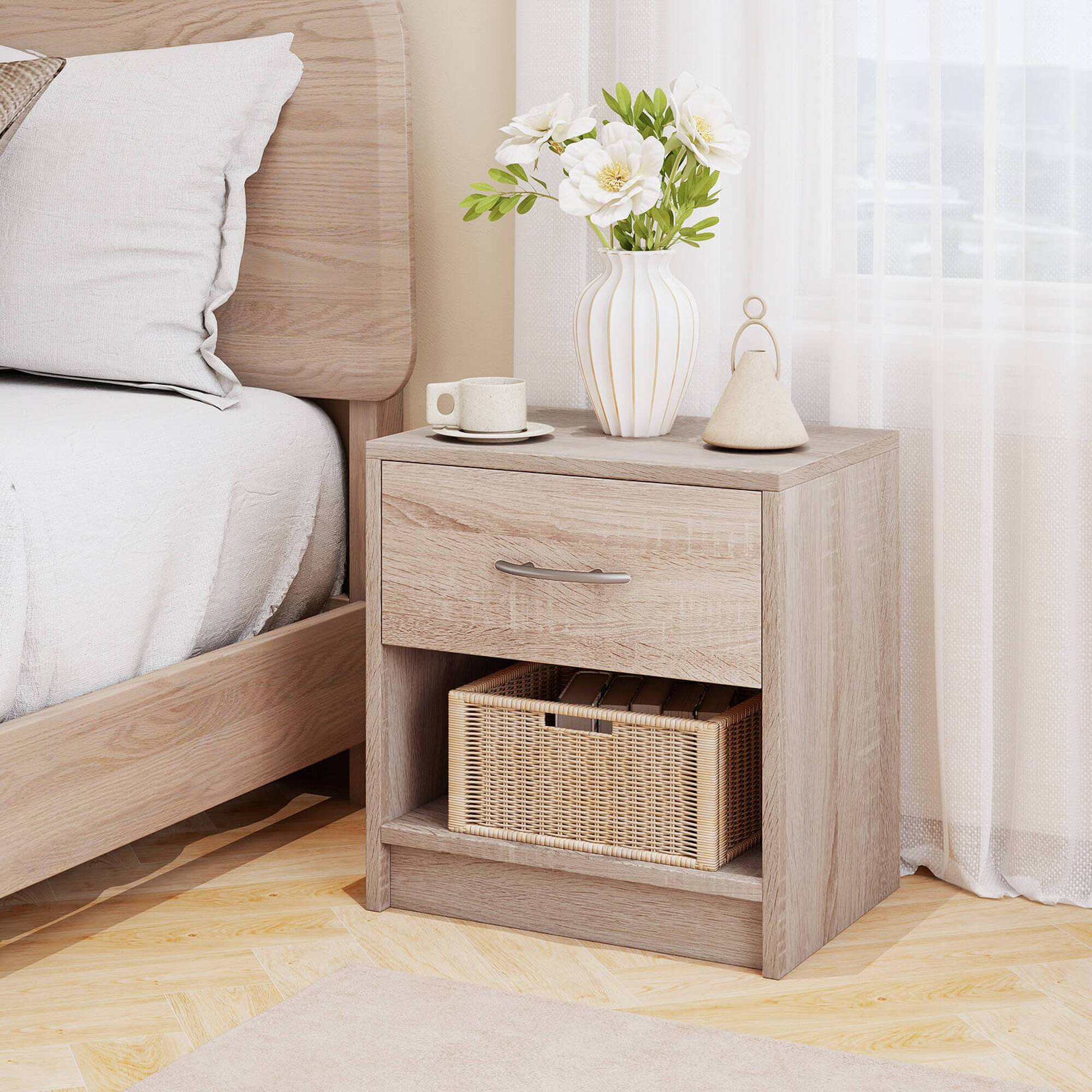 Alt View 1. Costway - Costway Modern Nightstand Bedside Table with Drawer Open Storage Shelf for Small Spaces - Natural.