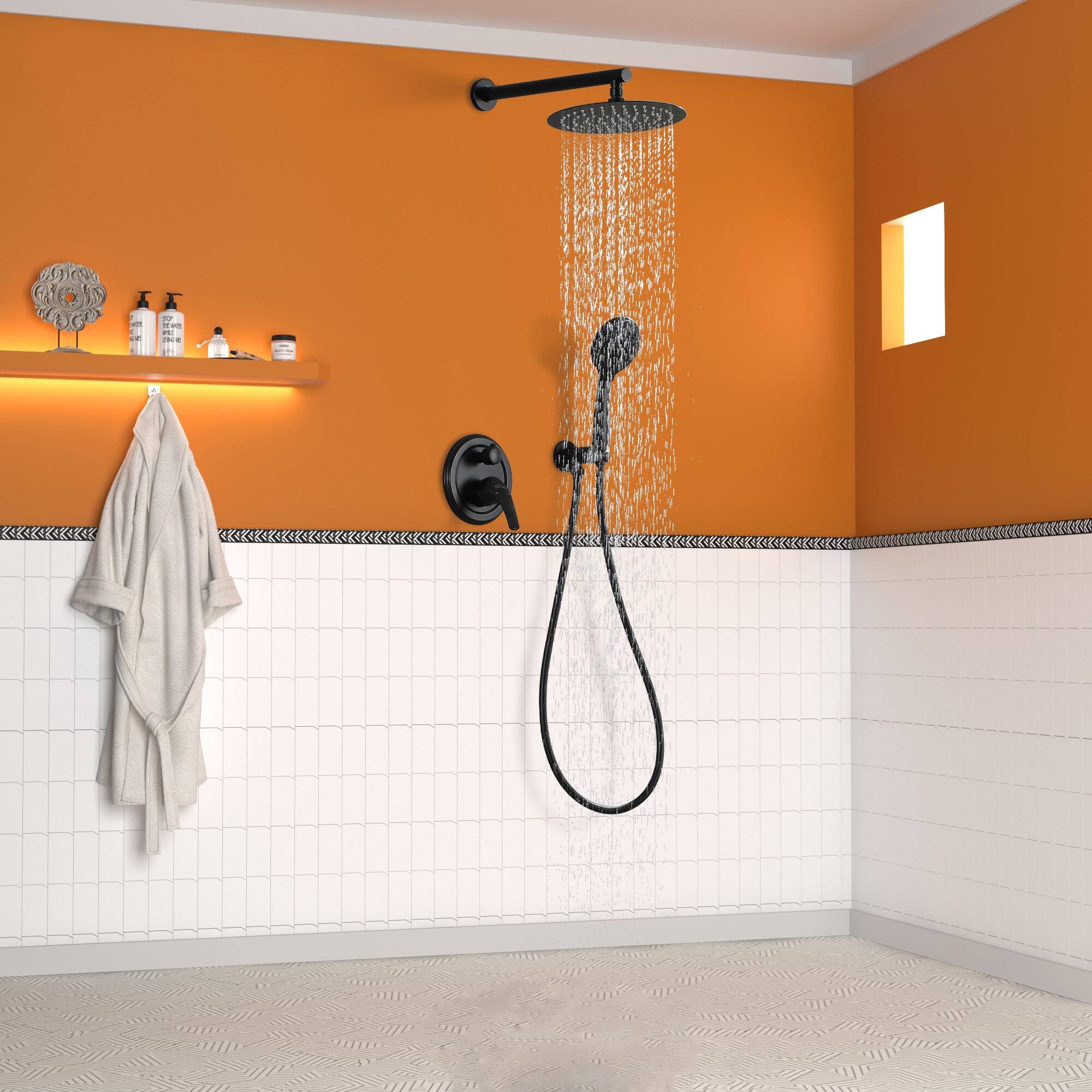Alt View 3. Boyel Living - 5-Spray Patterns with 3.2 GPM 10 in. Wall Mount Dual Shower Heads with Rough-In Valve Body and Trim in Matte Black - Matte Black.