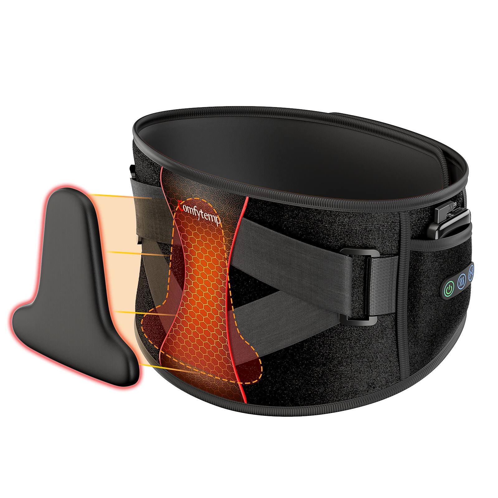 Left. Comfytemp - Cordless Heating Pad for Back Comfort, 3 Heat & Vibration Modes, Rechargeable Portable Waist Belt - Black.