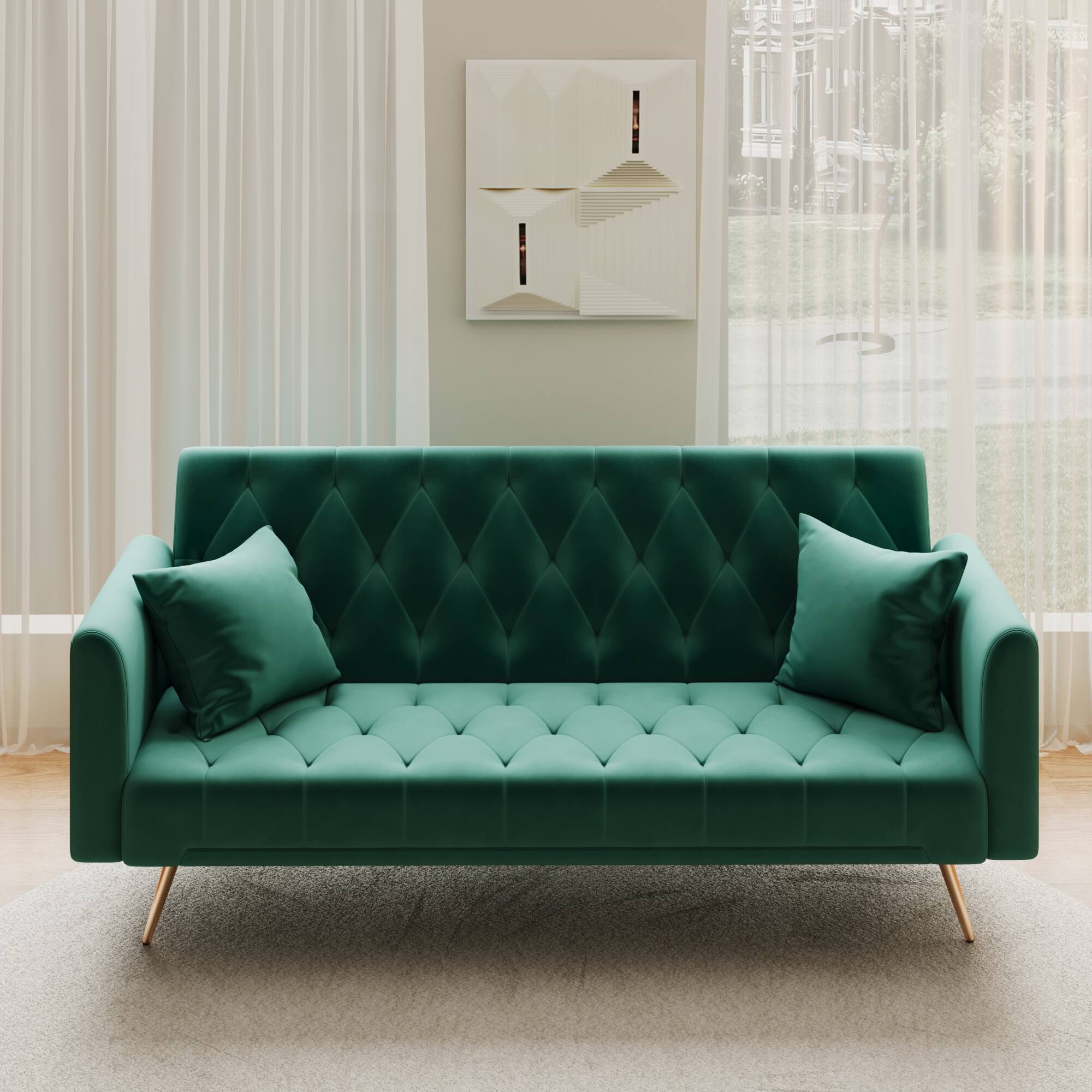 Alt View 5. GOODSILO - Convertible Velvet Sofa Bed with Adjustable Backrest for Small Spaces, Living Room and Office Use - Green.