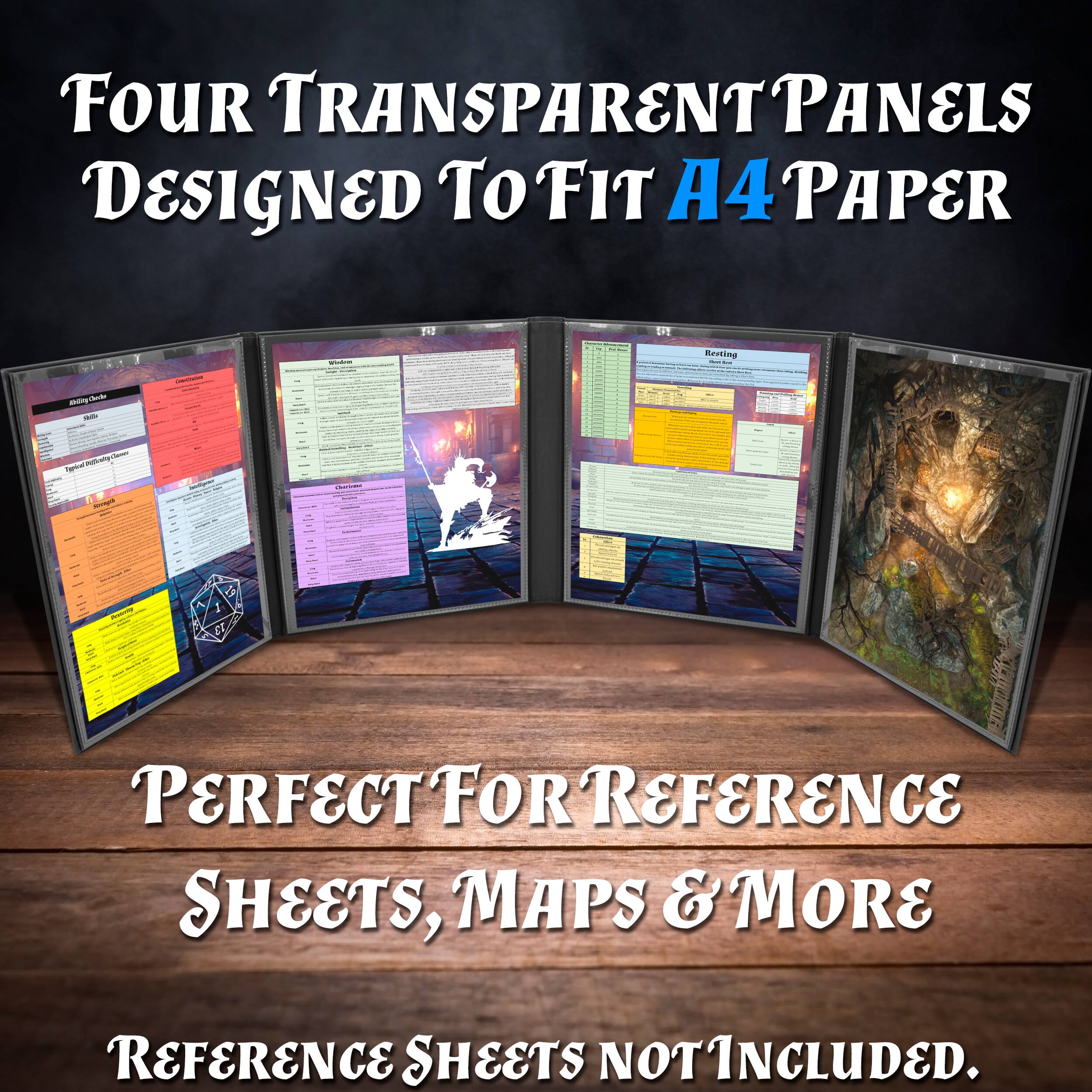 Four transparent panels designed to fit A4 paper. Perfect for reference sheets, maps & more. Reference sheets not included.