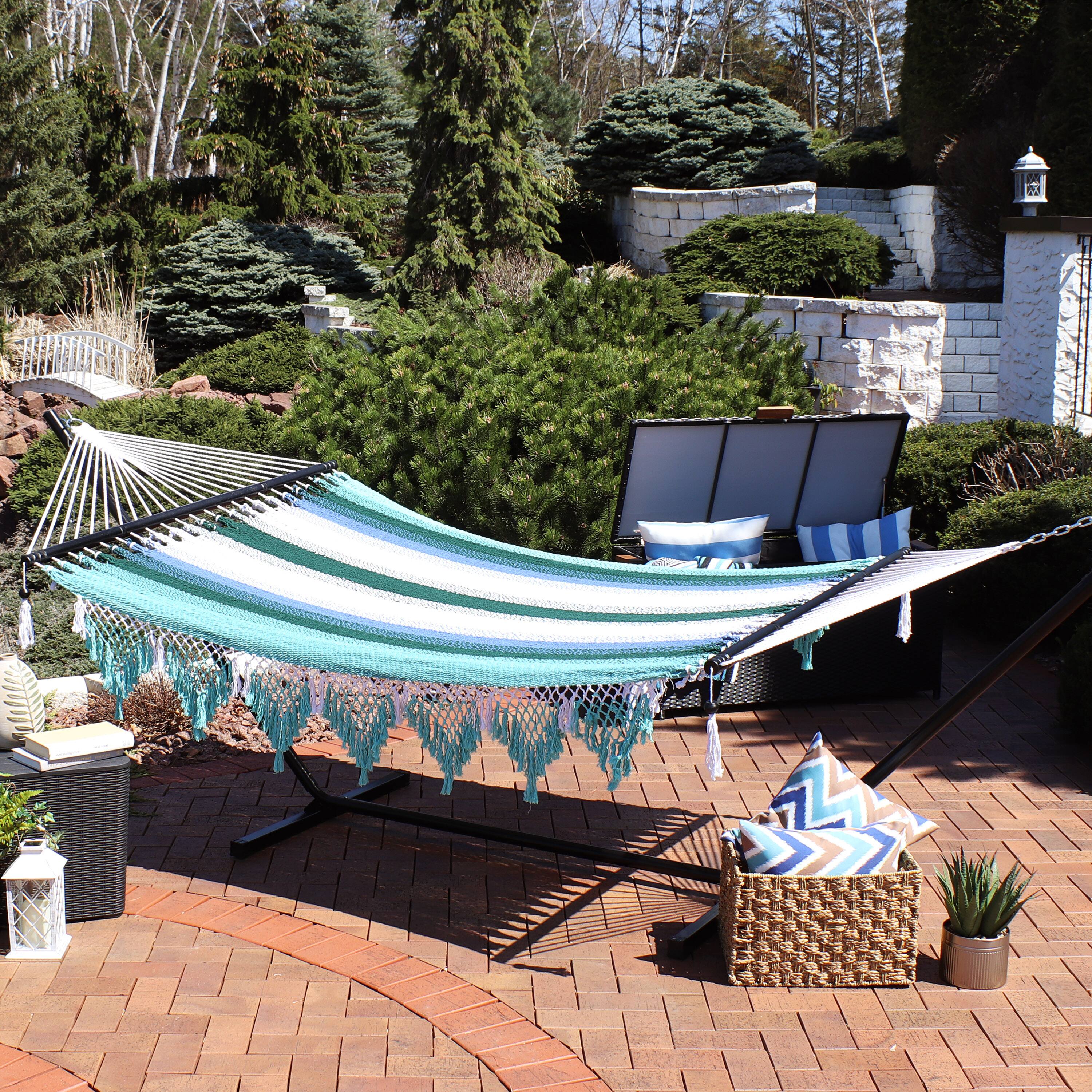 Alt View 3. Sunnydaze - Large Woven Hammock with Spreader Bar and Fringe - Lagoon Stripes.