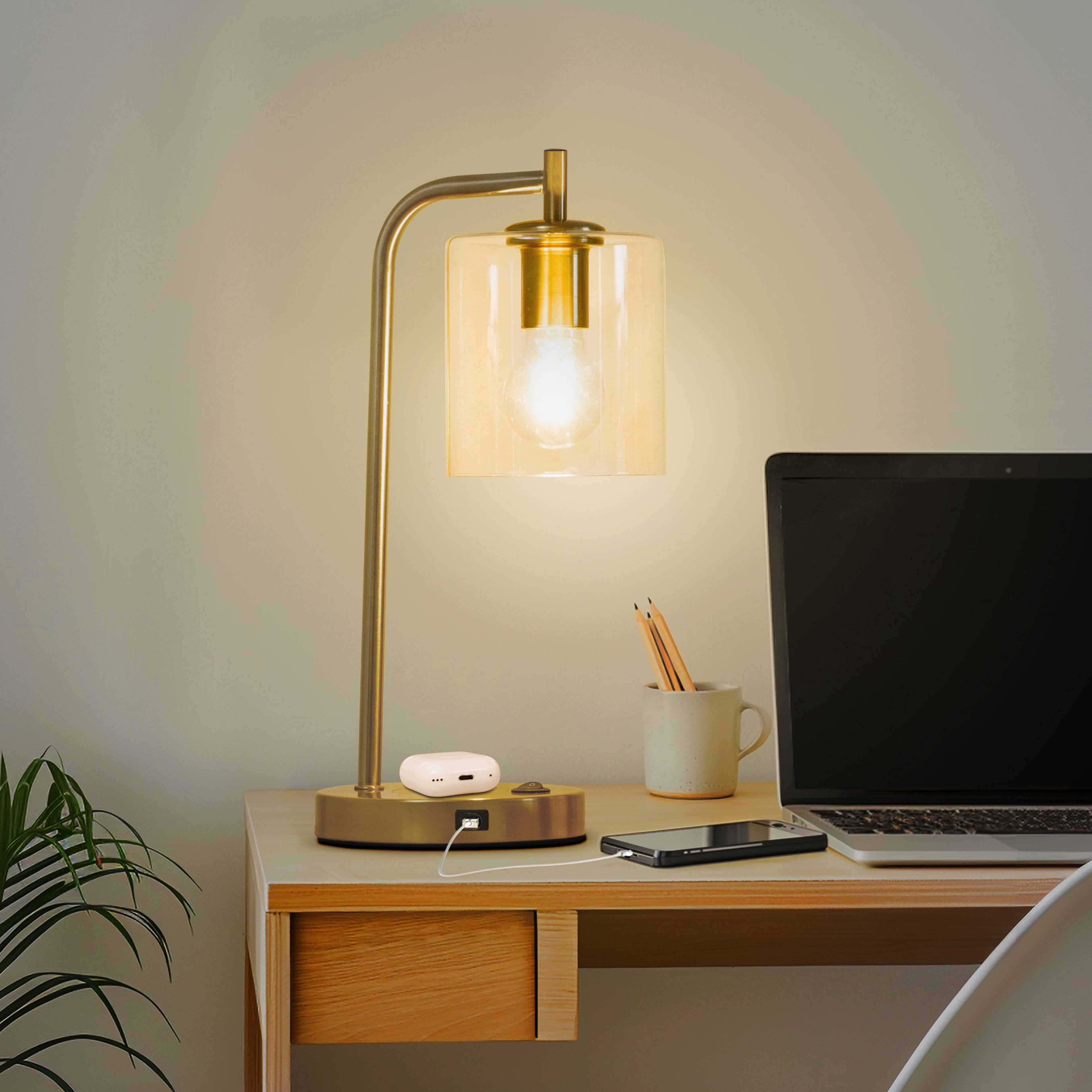 Angle. Brightech - Elizabeth LED Modern Industrial Arc Bedside Nightstand Desk Lamp with USB and Wireless Charging Ports - Antiqued Brass.