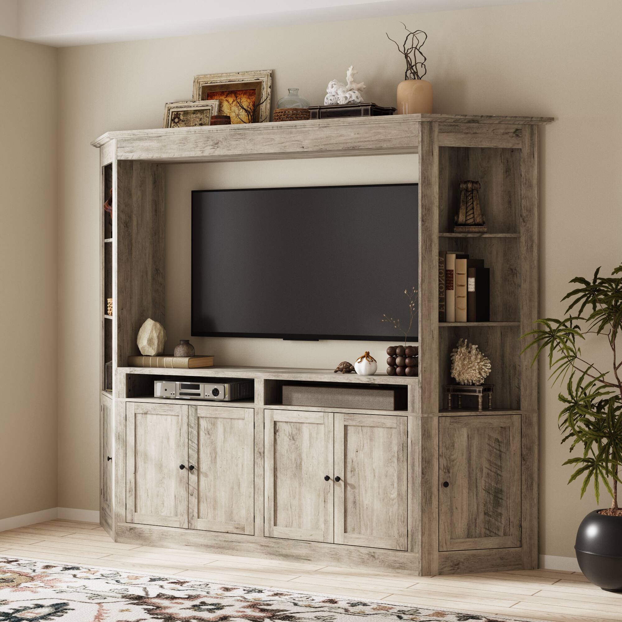 Left. Famapy - 100-Inch Wide TV Stand for 70-Inch TV, Heavy-Duty Farmhouse Entertainment Center with Storage for Living Room - Gray.