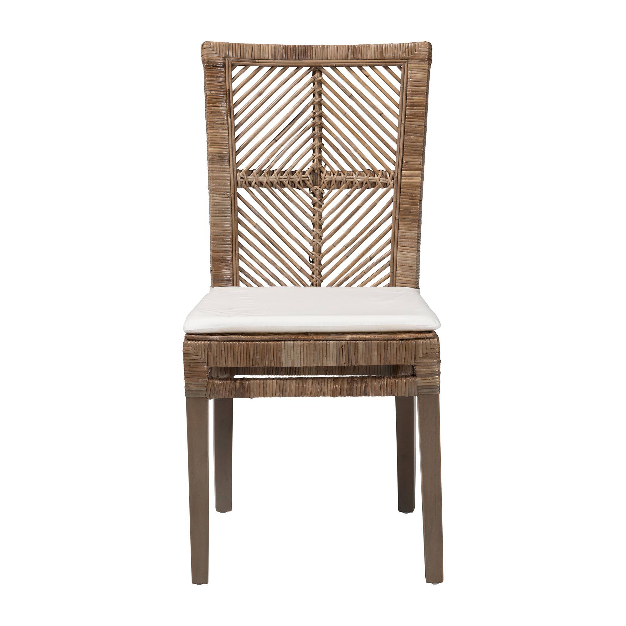 Angle. bali & pari - Laluna Modern Bohemian Natural Rattan and Mahogany Dining Chair with Cushion - Greywashed/White.