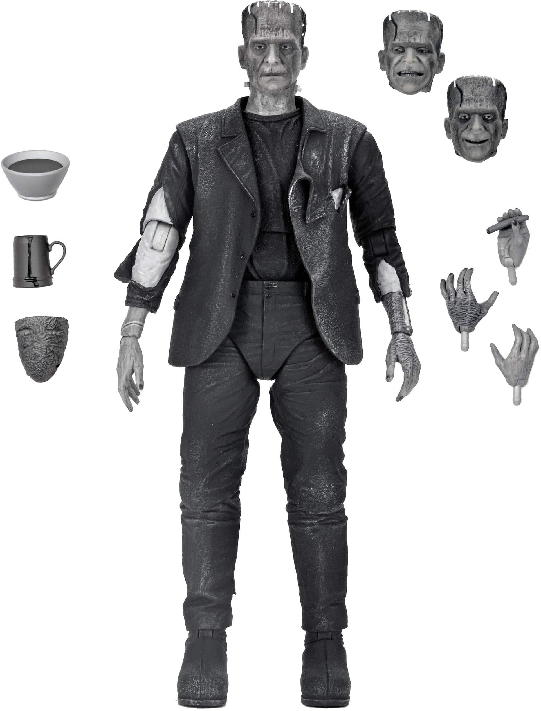 Front. NECA - Universal Monsters 7” Scale Action Figure - Ulimate Bride of Frankenstein Frankenstein’s Monster (B&W).